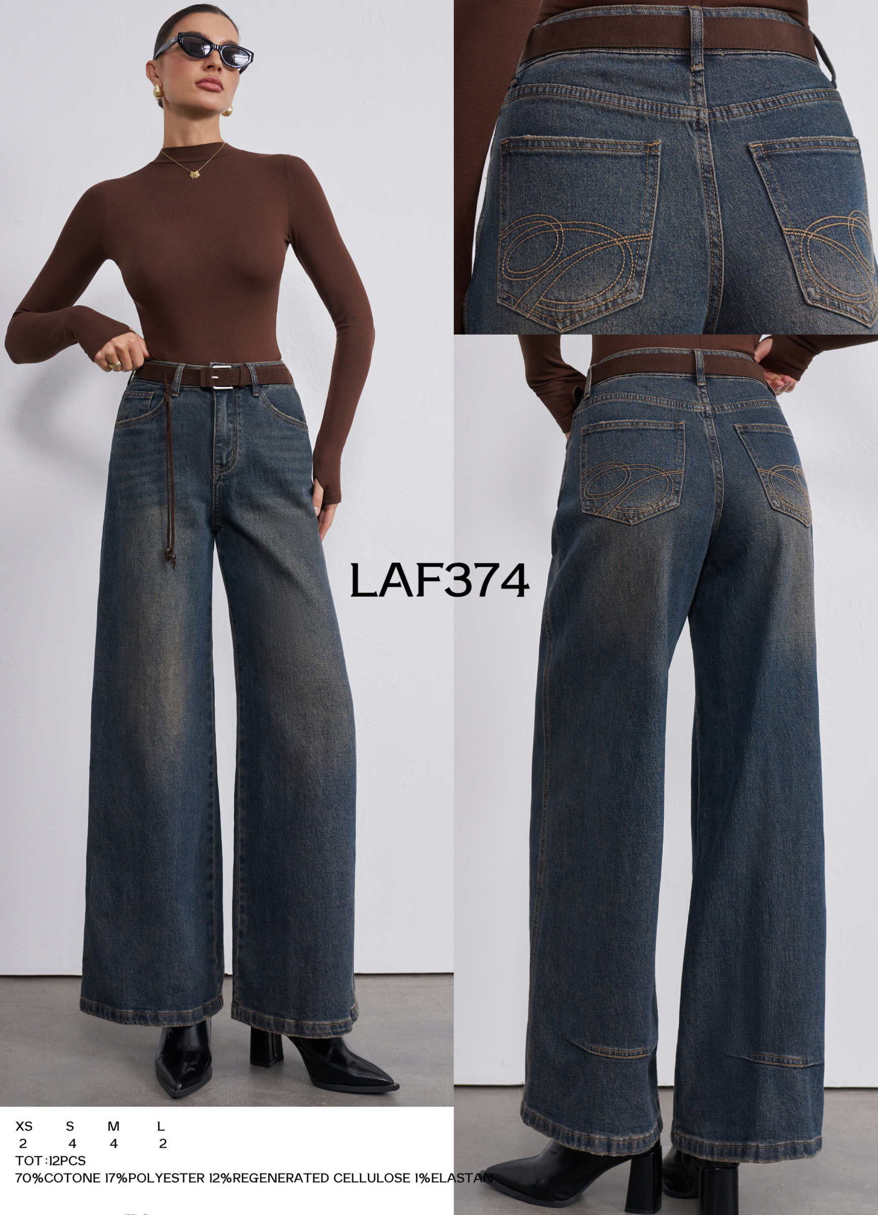 Wholesaler LARA - WIDE LEG JEANS WITH BROWN BELT AND EMBROIDERY ON BACK POCKETS