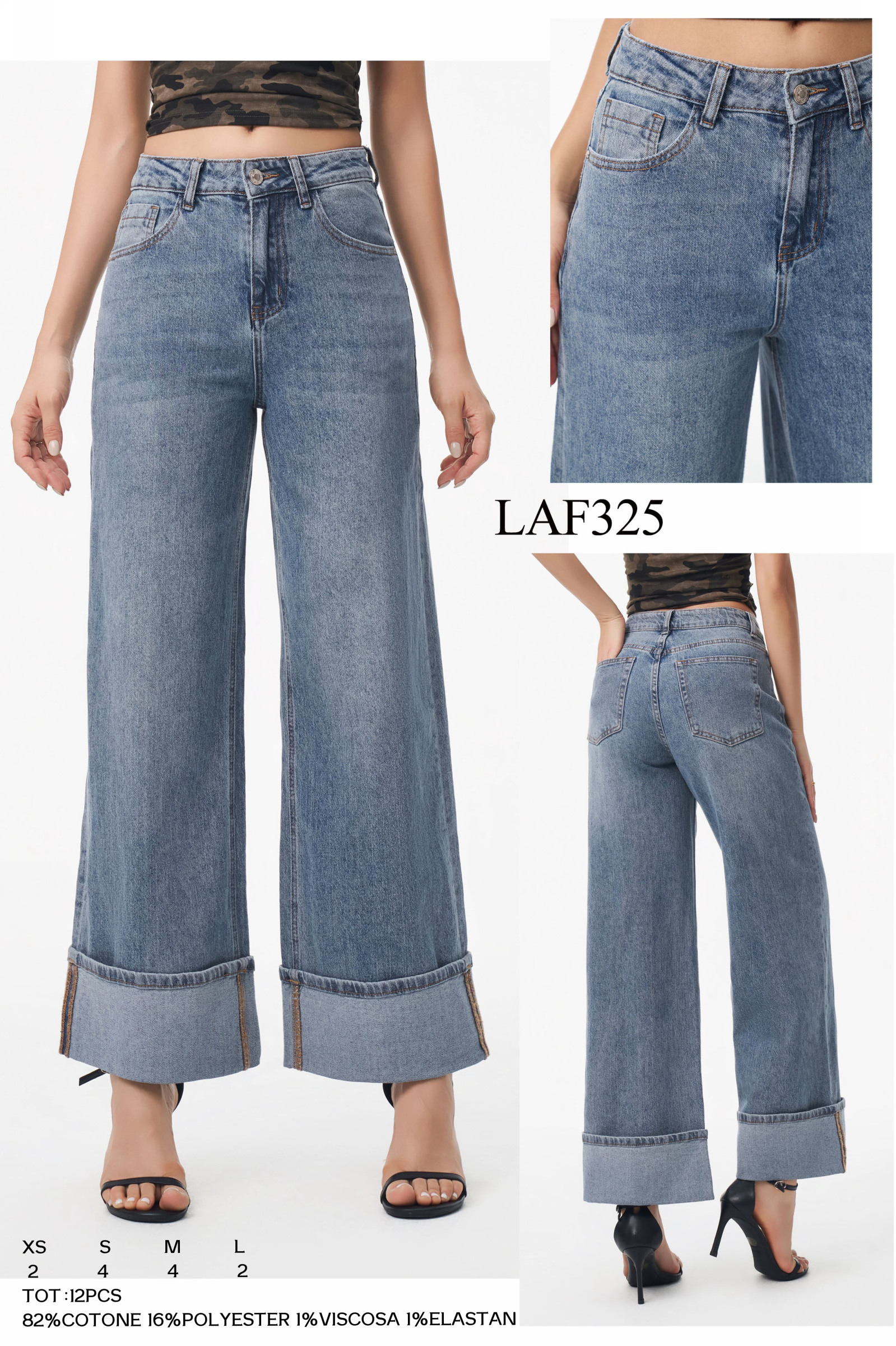 Grossiste LARA - JEANS JAMBE LARGE AVEC REVERS
