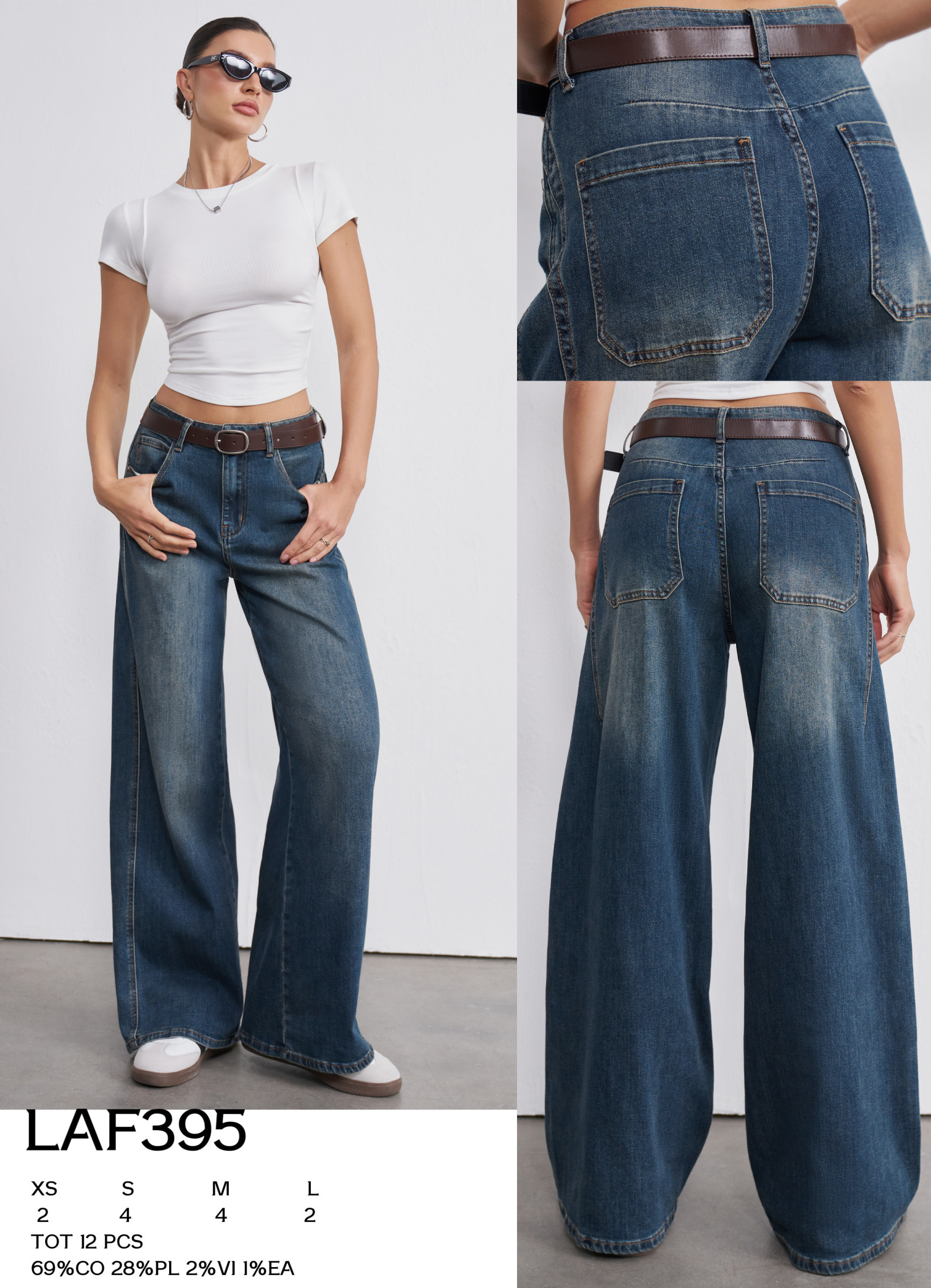Wholesaler LARA - WIDE LEG JEANS WITH BROWN BELT AND SIDE STITCHING