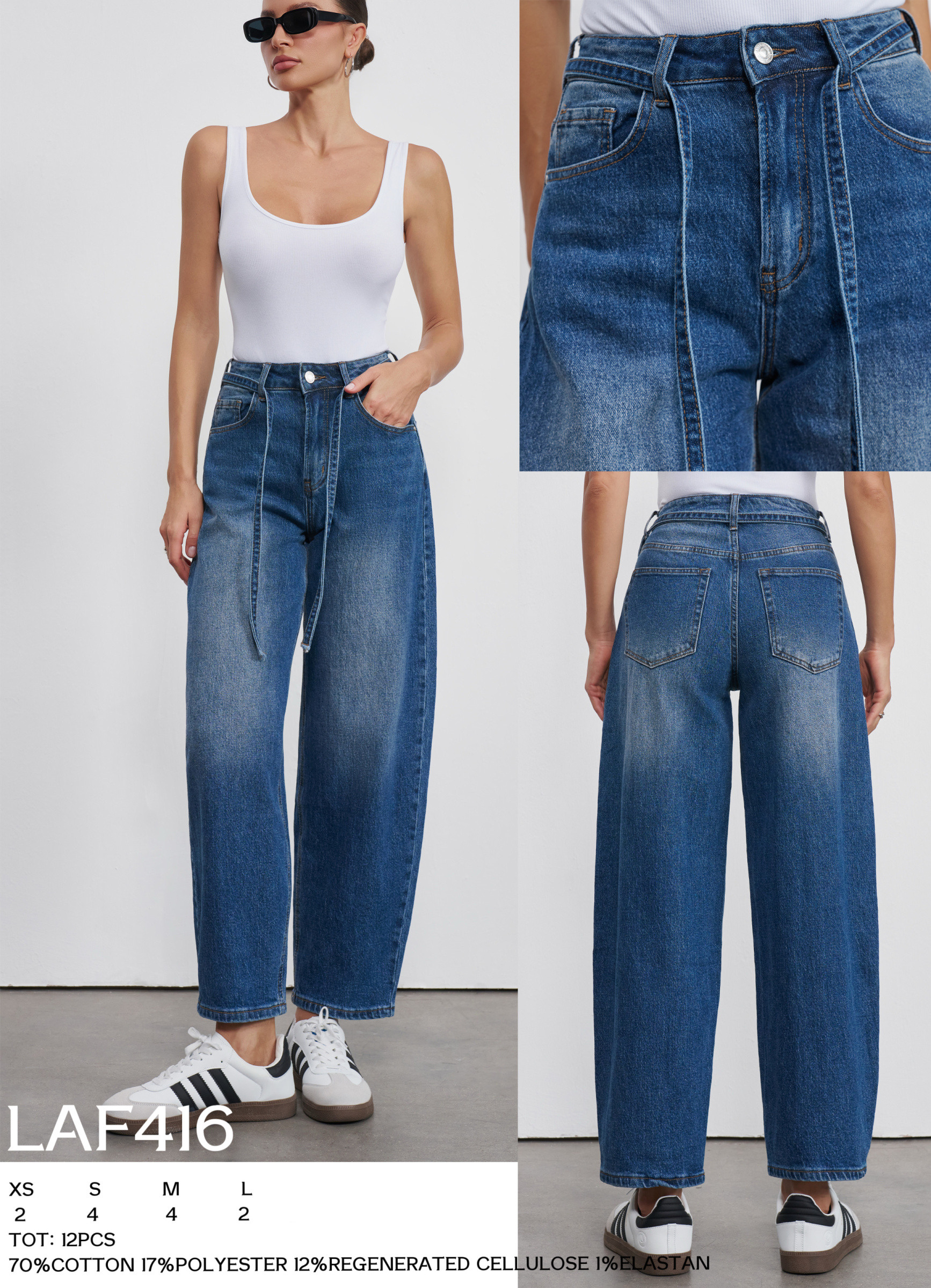 Wholesaler LARA - MOM FIT JEANS WITH DRAWSTRING IN DENIM