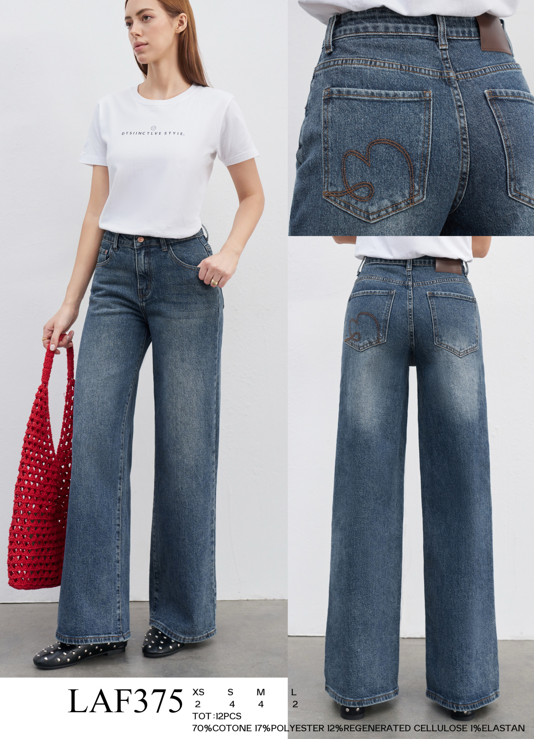 Wholesaler LARA - WIDE LEG JEANS WITH BROWN PATCH AND STITCHING ON THE POCKET