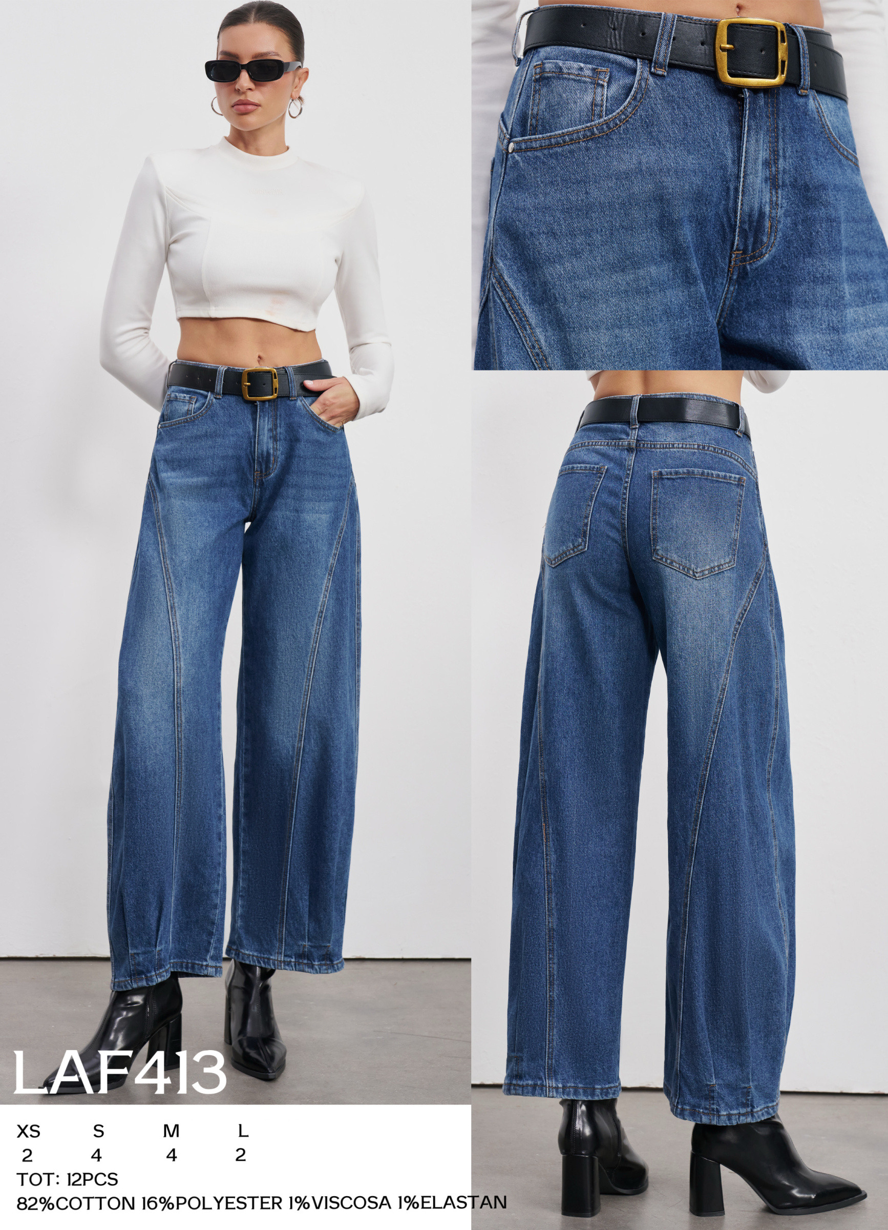 Wholesaler LARA - BALLOON FIT JEANS WITH BLACK BELT AND STITCHING