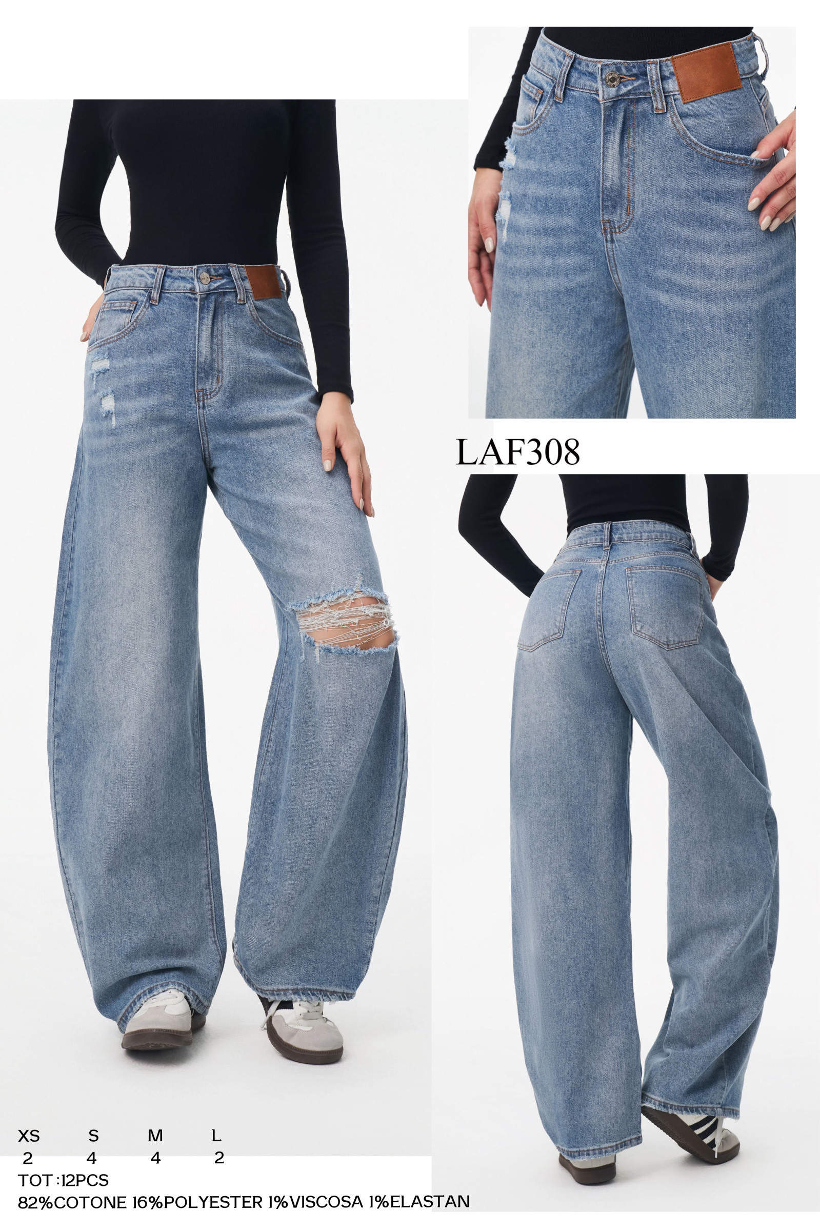 Grossiste LARA - JEANS BALLOON FIT DÉCHIRÉS AVEC OURLET EFFILOCHÉ
