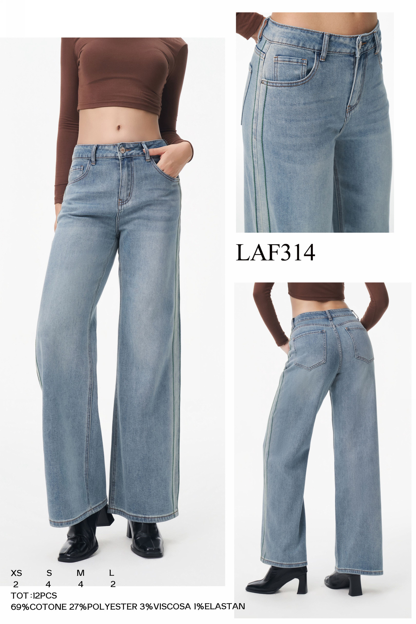 Grossiste LARA - JEANS JAMBE LARGE AVEC COUTURE VERTE LATÉRALE SUR LA JAMBE