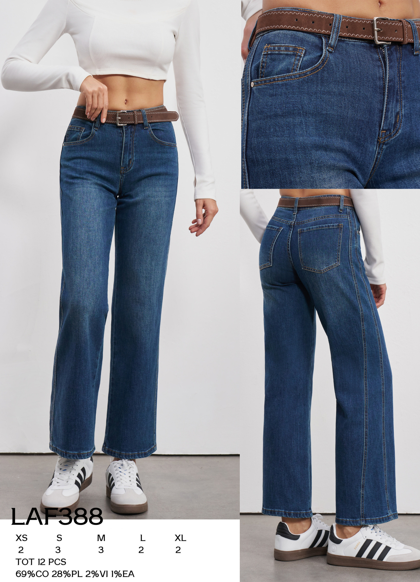 Wholesaler LARA - STRAIGHT JEANS WITH BROWN BELT
