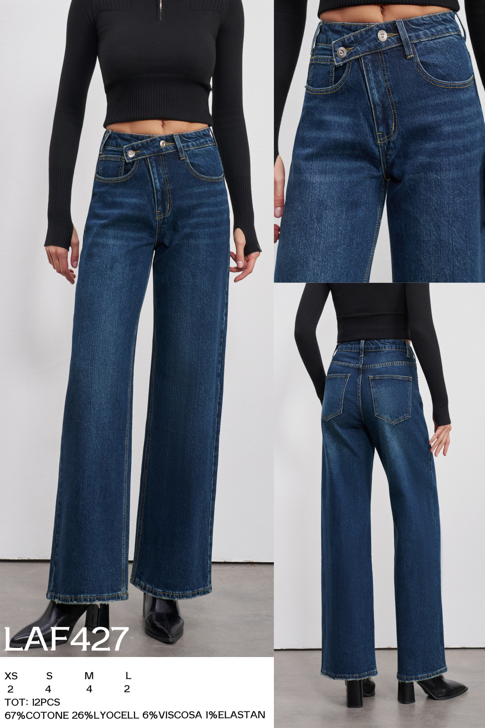 Wholesaler LARA - WIDE LEG JEANS WITH ASYMMETRIC CROSSED WAIST