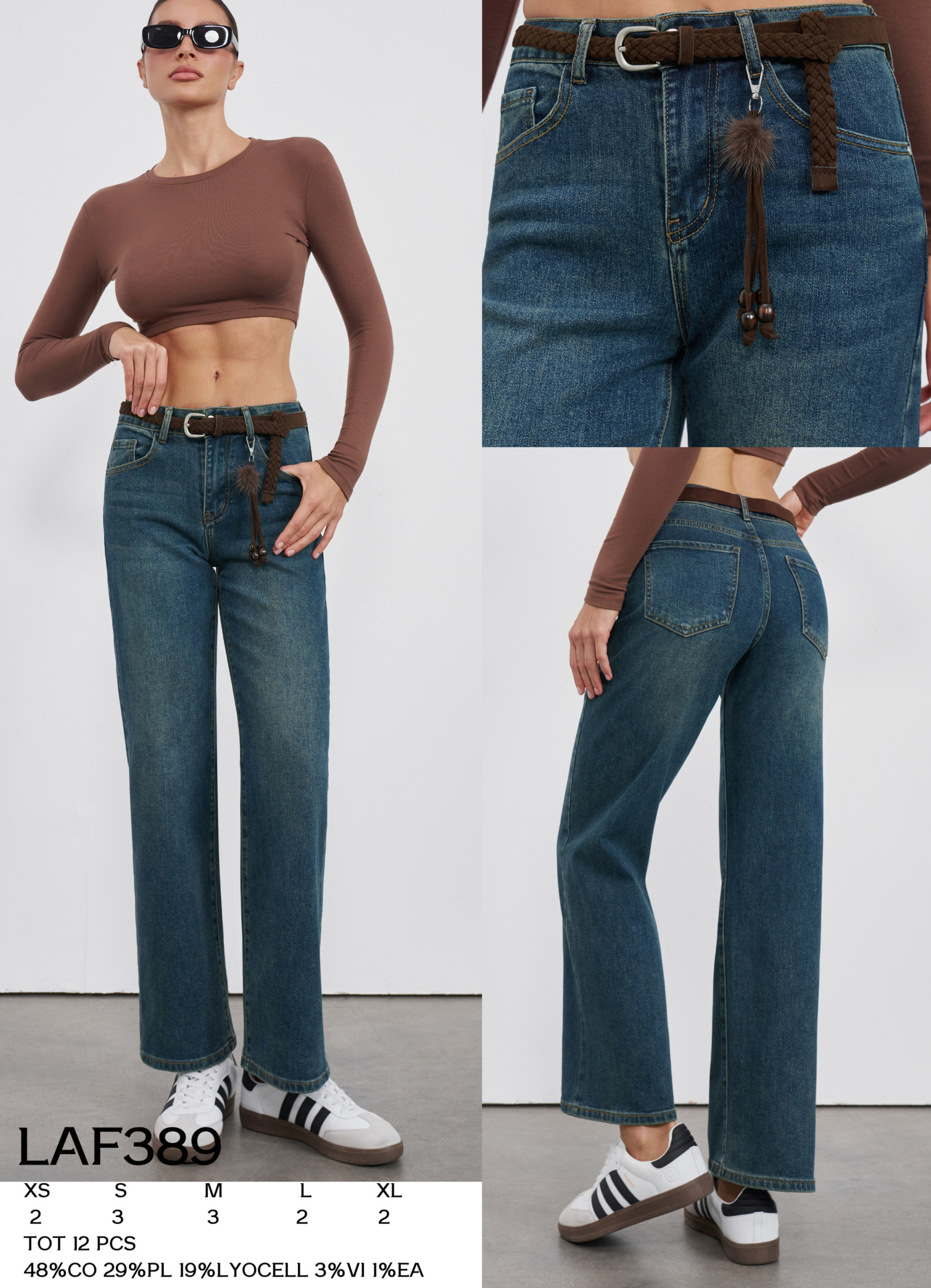 Wholesaler LARA - STRAIGHT JEANS WITH BROWN BELT