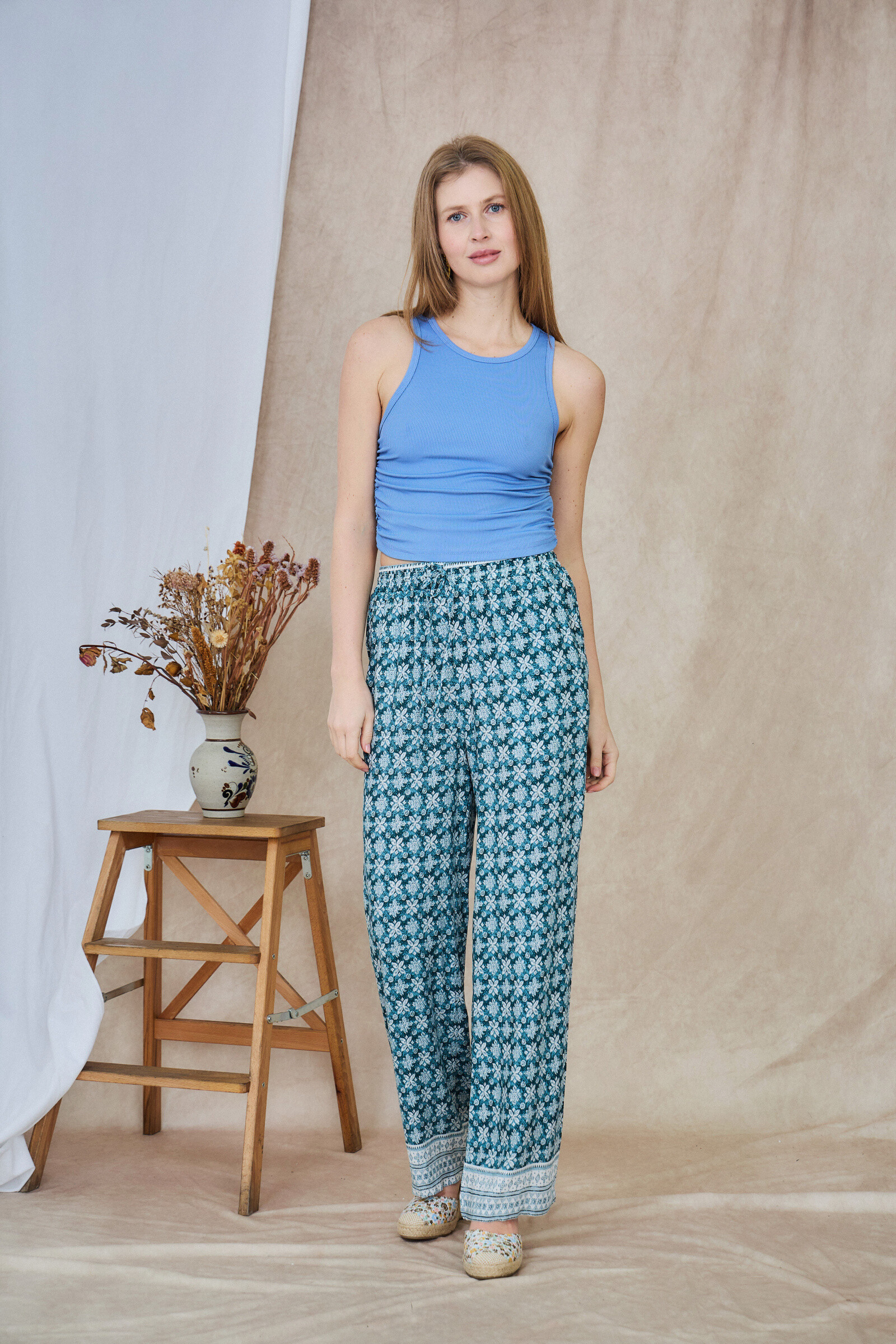 Pantalón fluido con estampado floral, corte recto con bolsillos, casual - Azul - 3 - formato grande