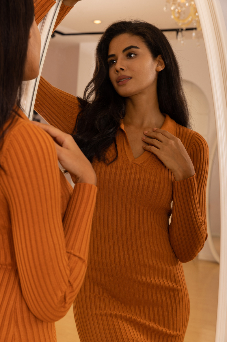 Langer, taillierter Strickpullover mit V-Ausschnitt, - Burnt Orange - 2 - Großformat