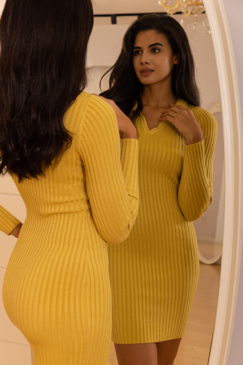 Langer, taillierter Strickpullover mit V-Ausschnitt, - Senfgelb - 2 - Großformat