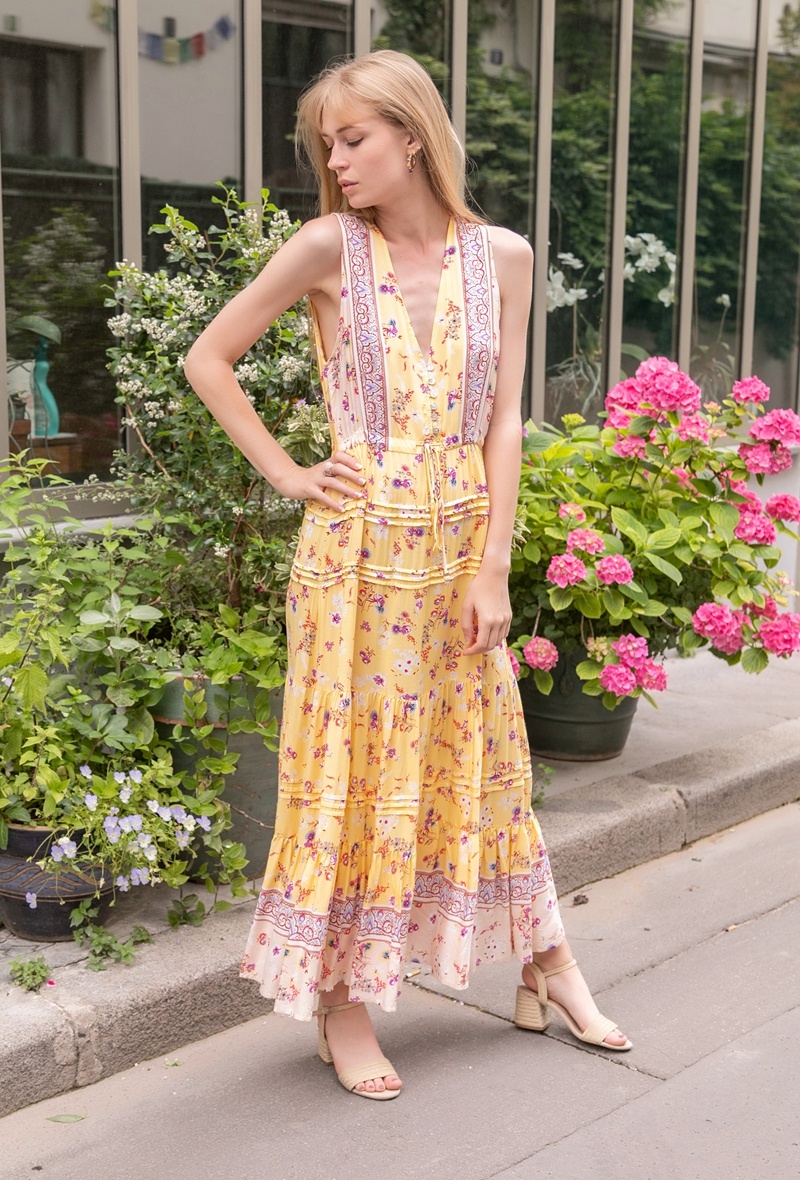 Mayorista LAST QUEEN OUTLET - Vestido largo estampado floral abotonado en la parte delantera y escote en V