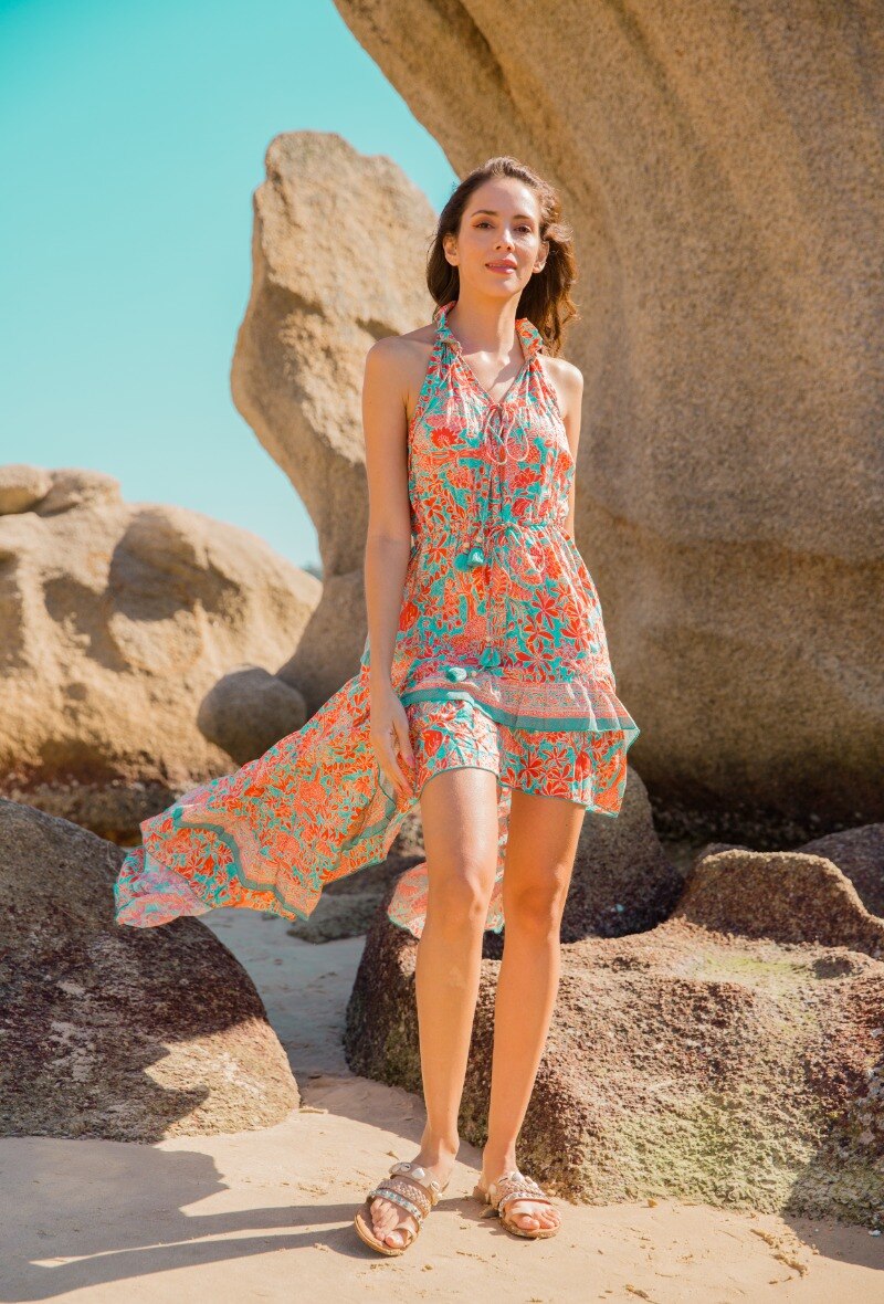 Wholesaler LAST QUEEN OUTLET - Long bare back dress with pompoms, printed with gold effect