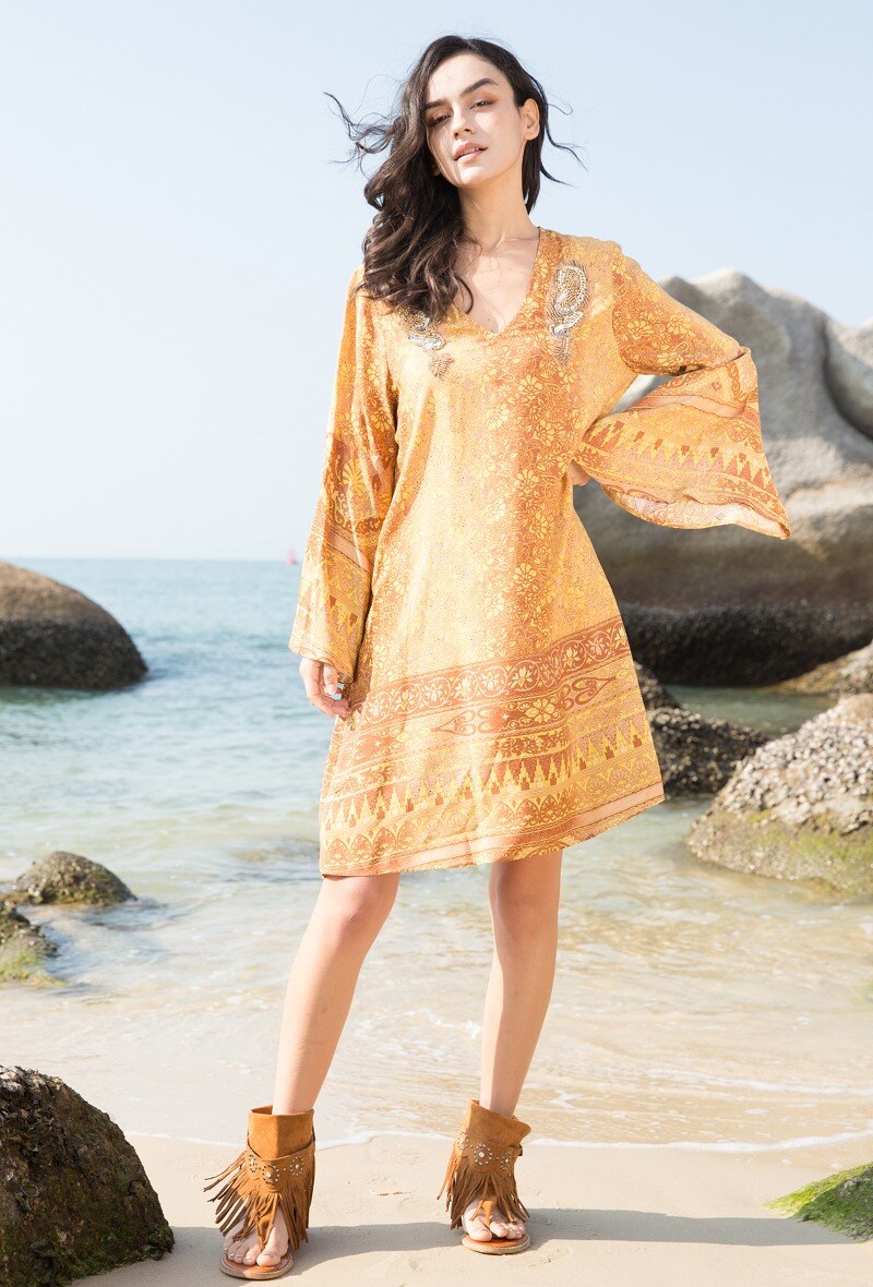 Wholesaler LAST QUEEN OUTLET - Bohemian print tunic dress with embroidery