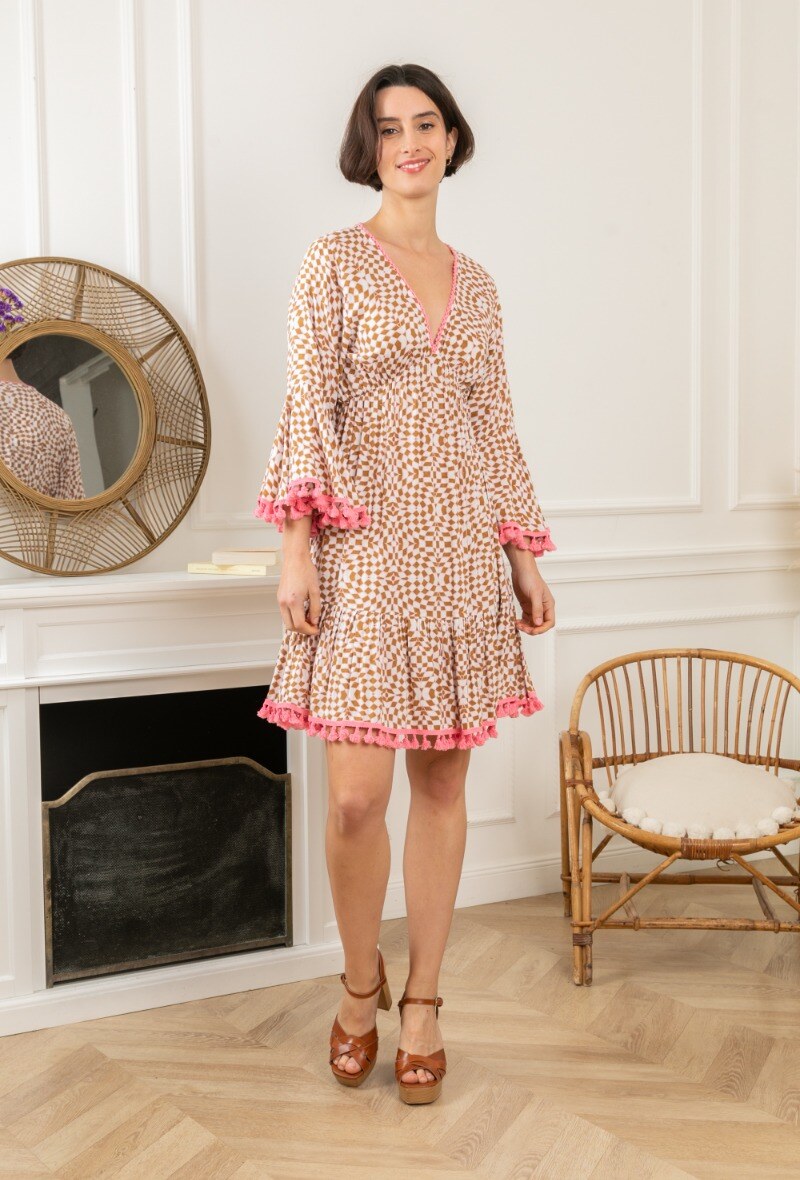 Wholesaler LAST QUEEN OUTLET - V-Neck Tassel Plaid Print Tunic Dress