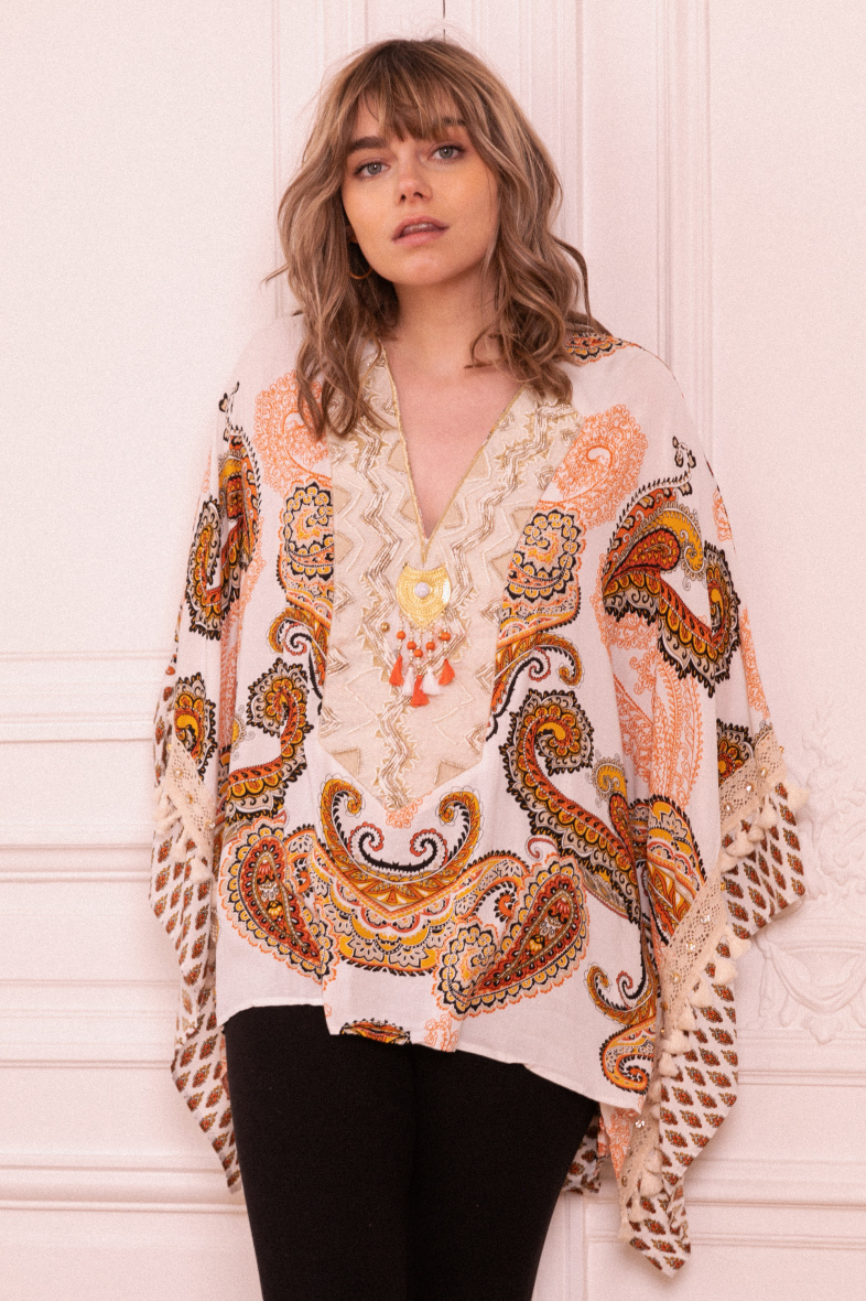 Großhändler LAST QUEEN OUTLET - Bedruckter Tunika-Kaftan mit V-Ausschnitt und Handstickerei
