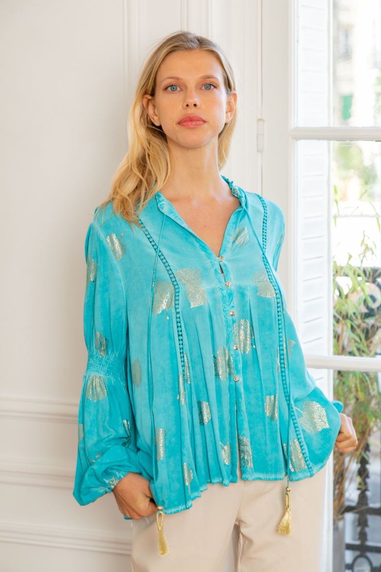 Grossista Last Queen - Camicia stampata effetto dorato con cinturino, maniche a lanterna