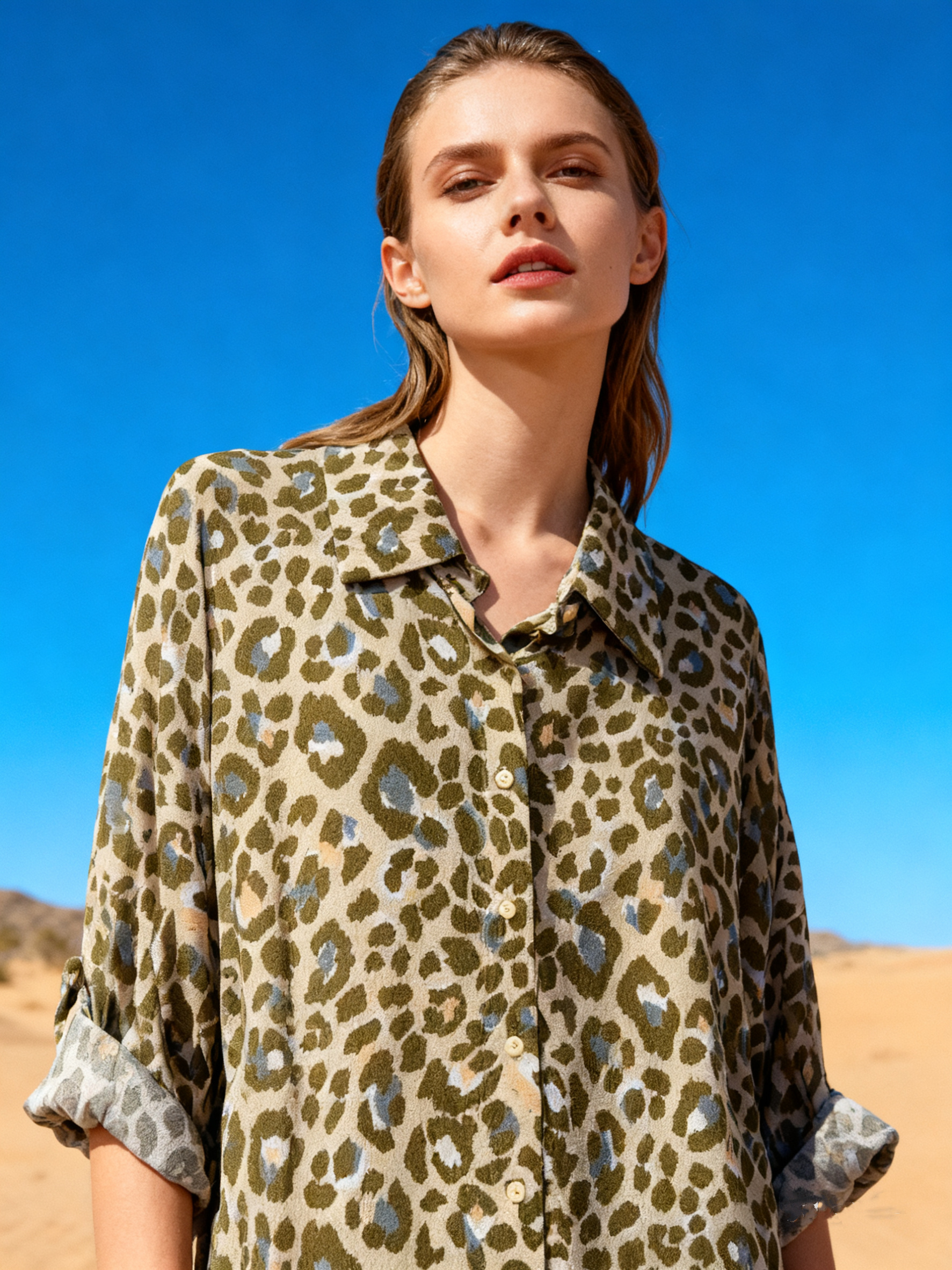 Wholesaler Last Queen - Flowy Leopard Print Shirt, Flared Fit