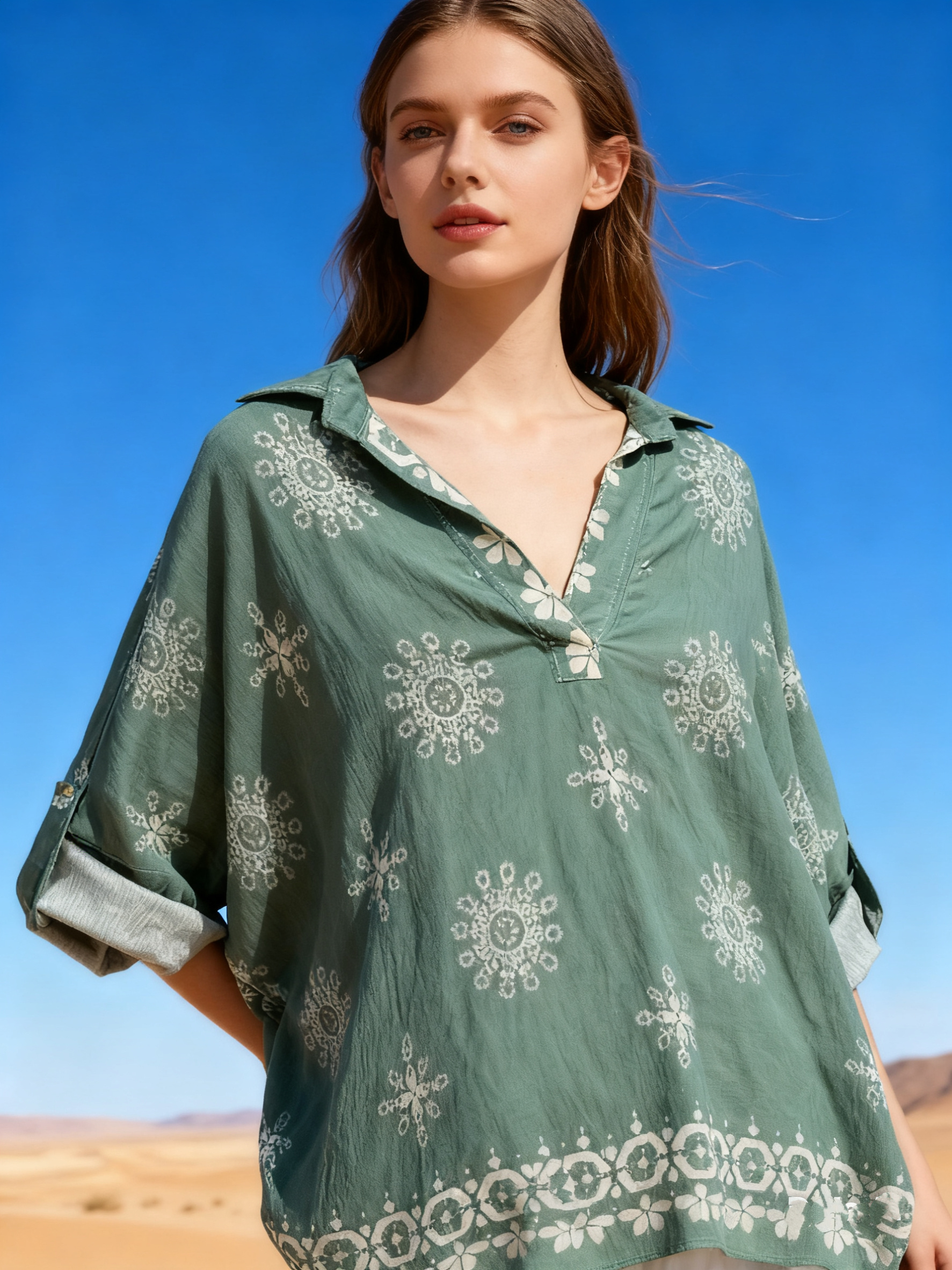 Wholesaler Last Queen - Flowy printed blouse top, flared cut with batwing sleeves