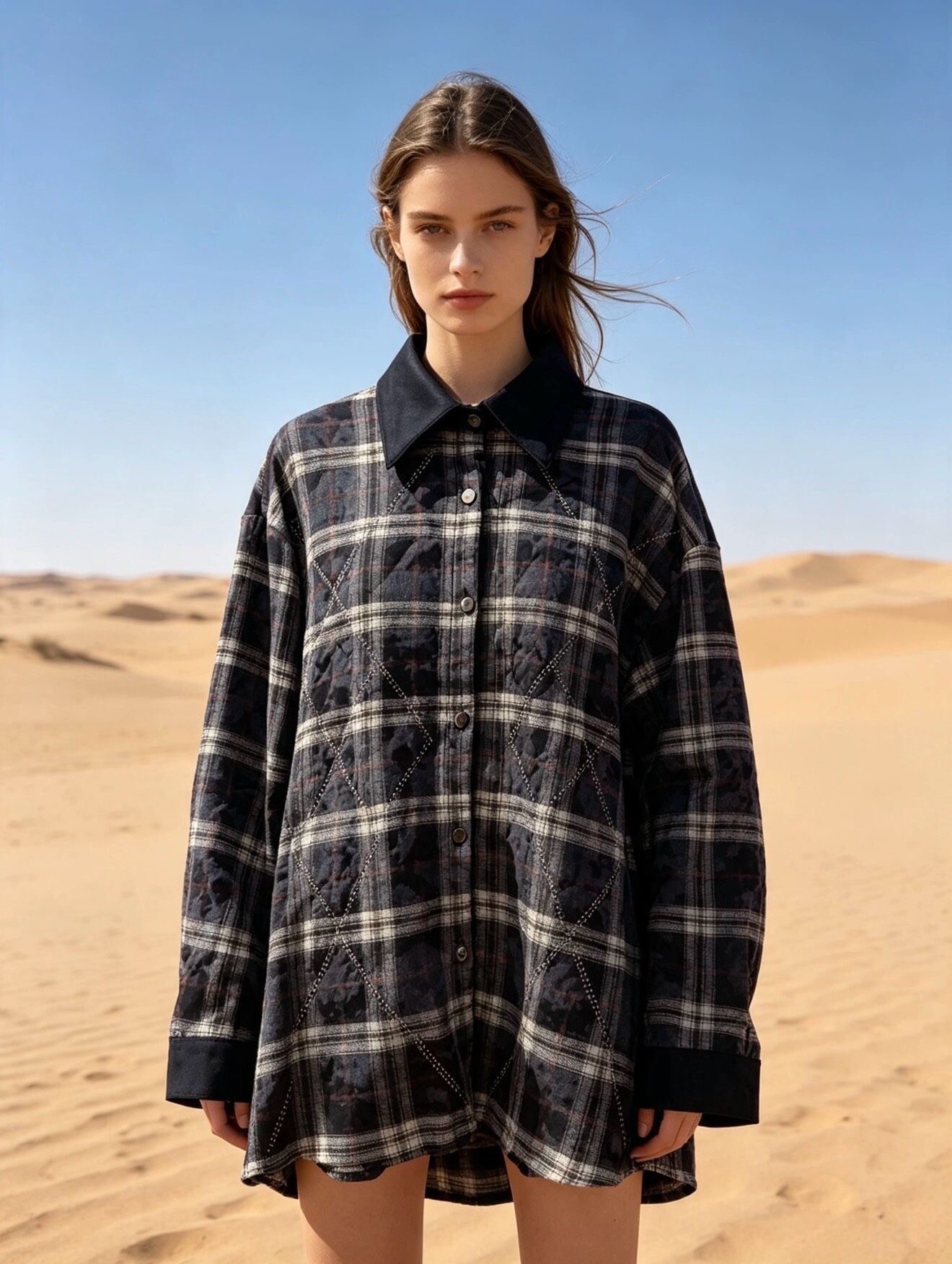 Wholesaler Last Queen - Oversized Plaid Flannel Shirt with Rhinestones