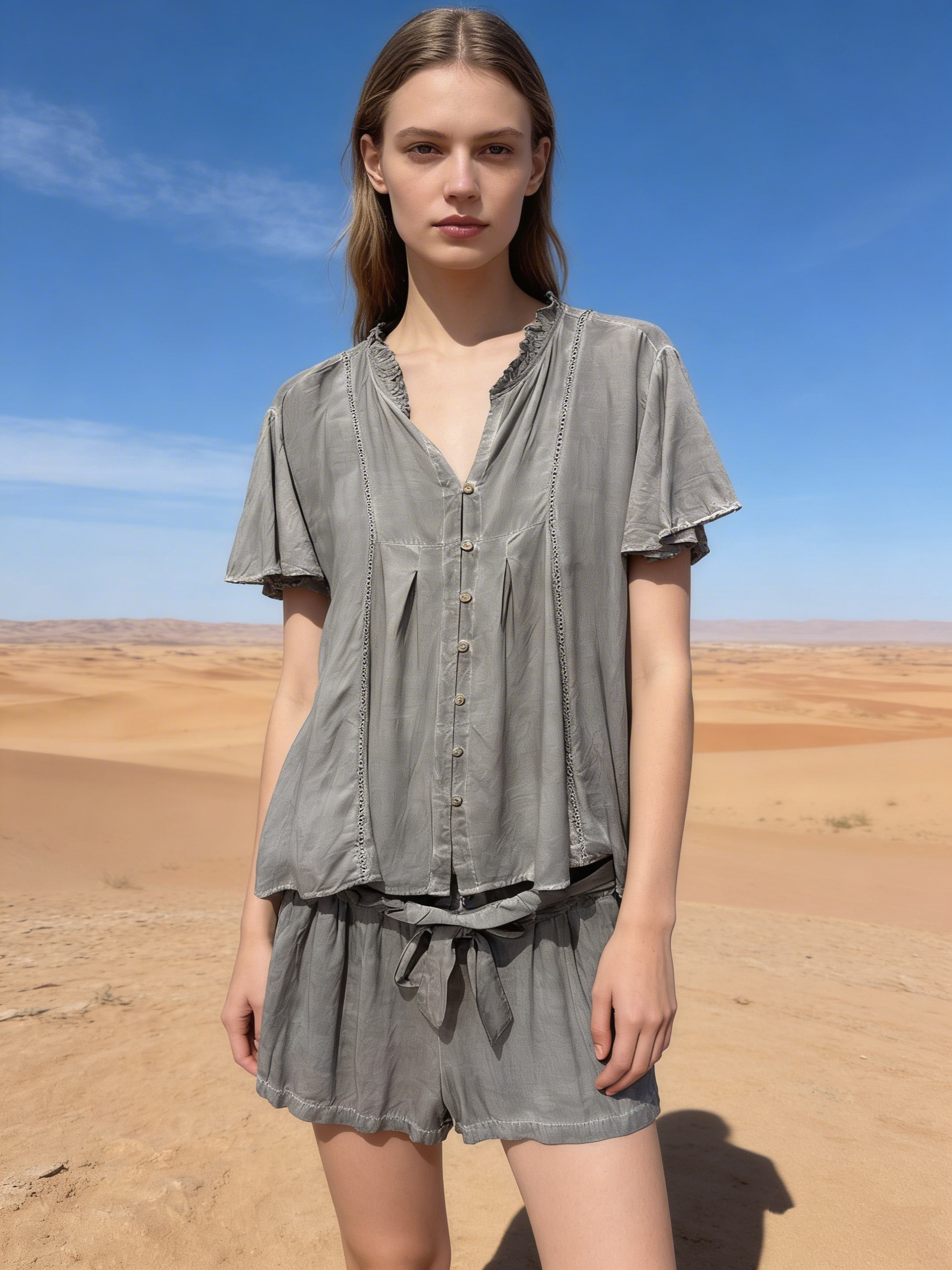 Mayorista Last Queen - Camisa de cuello en V estilo desgastado, corte regular con detalles calados