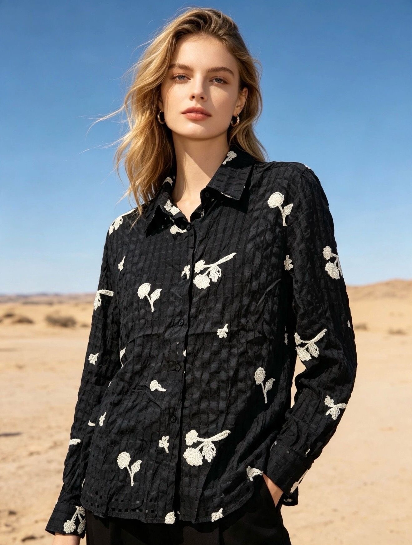 Wholesaler Last Queen - Floral embroidered shirt, textured fabric