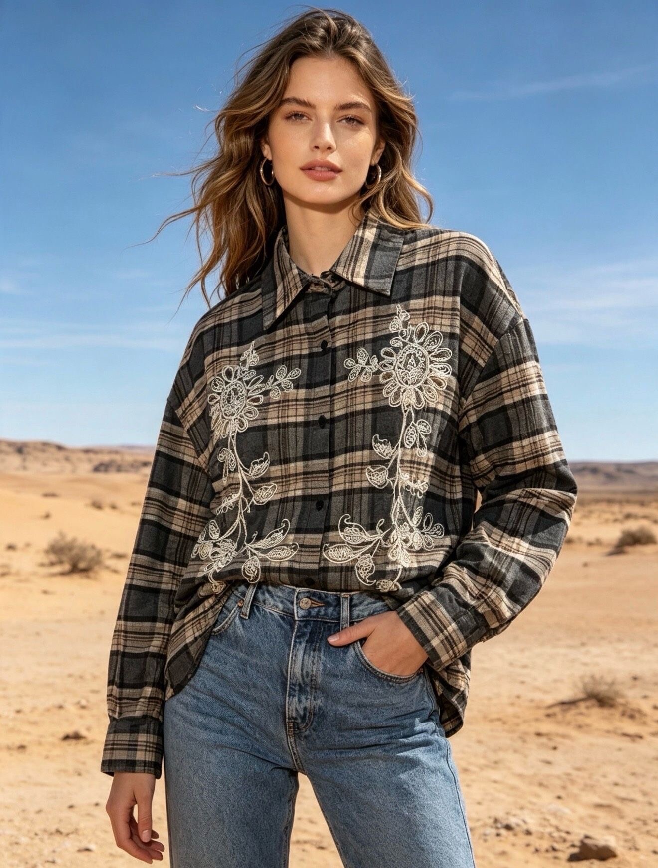 Wholesaler Last Queen - Oversized Plaid Flannel Shirt with Floral Embroidery, Soft Fabric