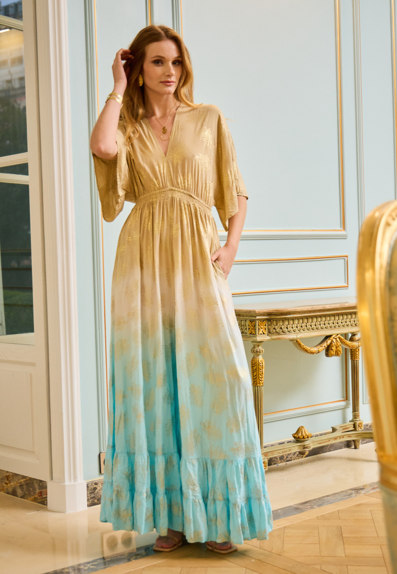 Großhändler Last Queen - Jumpsuit-Kleid mit ausgestellter Hose, lockere Passform mit Golddruck