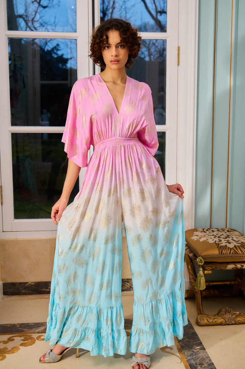 Großhändler Last Queen - Jumpsuit-Kleid mit ausgestellter Hose, lockere Passform mit Golddruck