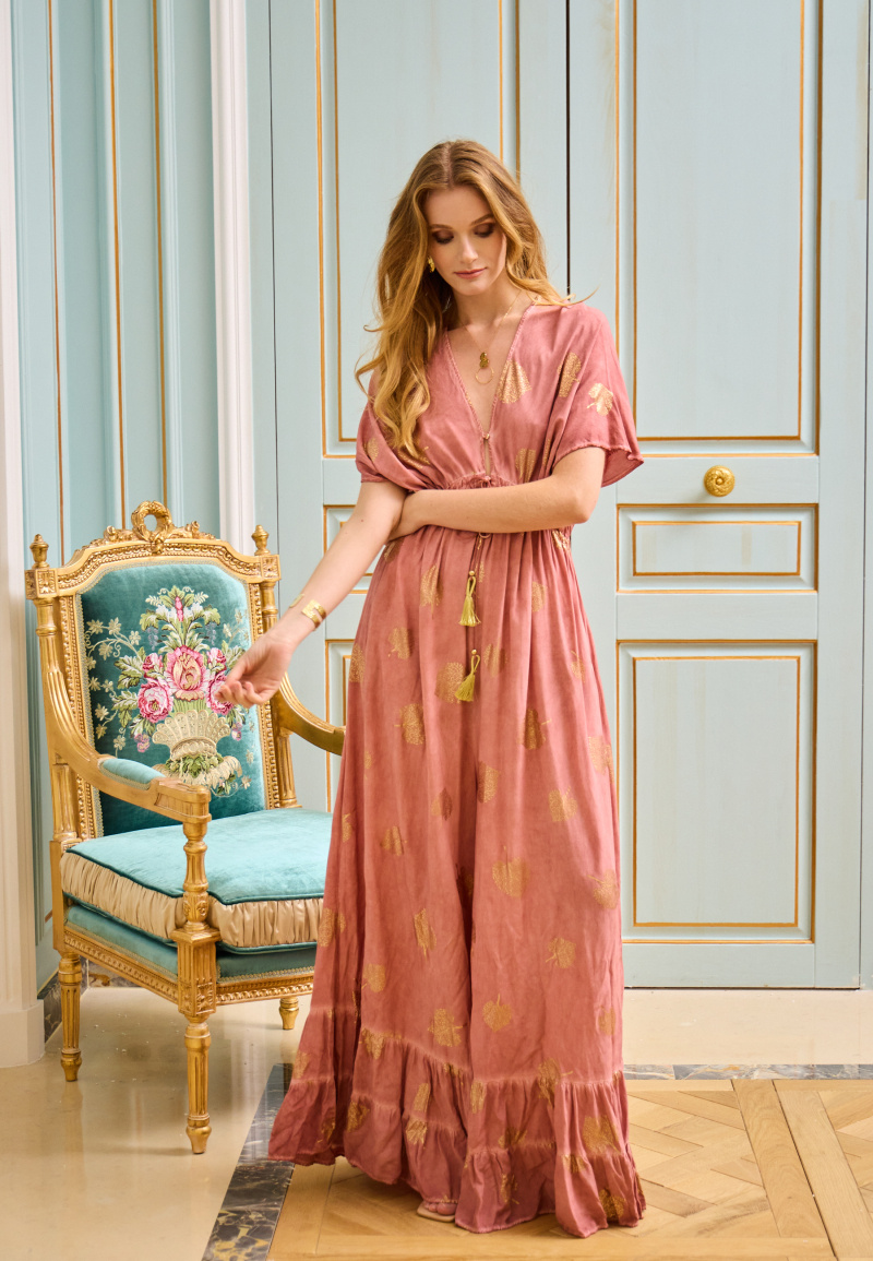 Großhändler Last Queen - Jumpsuit-Kleid mit ausgestellter Hose, lockere Passform mit Golddruck