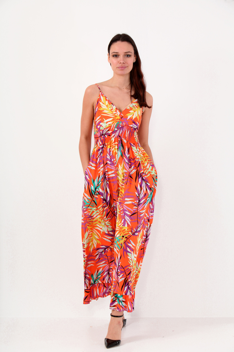 Grossiste LAST QUEEN OUTLET - Combinaison  imprimée tropical à bretelles  avec pantalons fluide