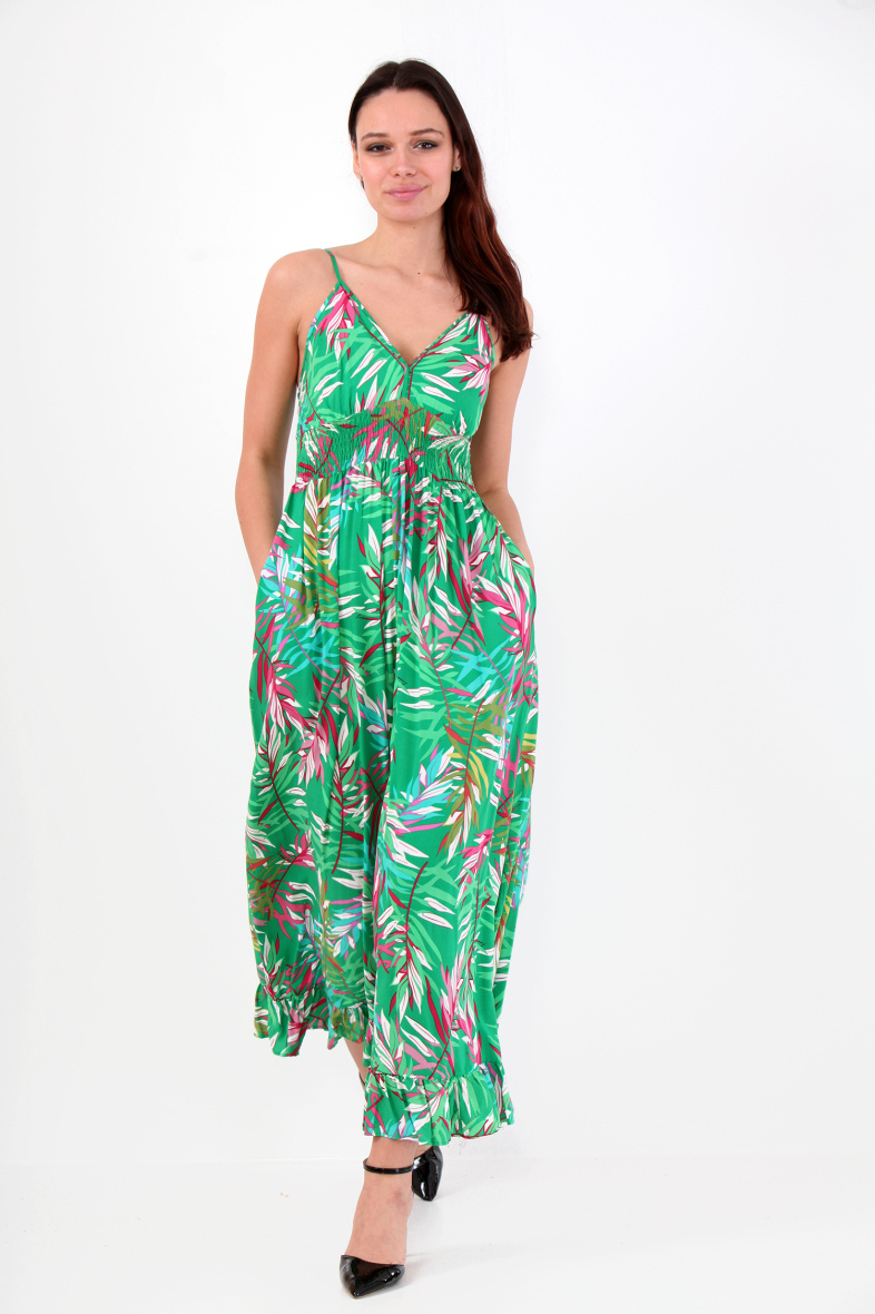 Grossiste LAST QUEEN OUTLET - Combinaison  imprimée tropical à bretelles  avec pantalons fluide