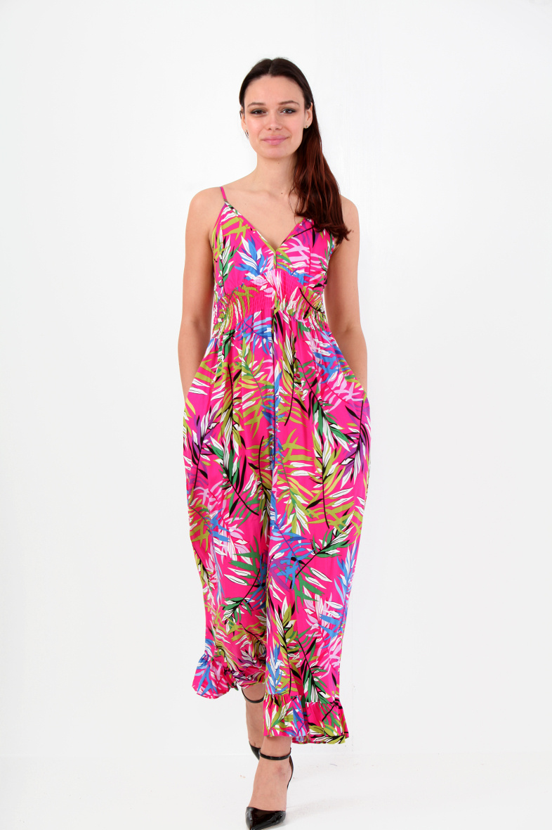 Grossiste LAST QUEEN OUTLET - Combinaison  imprimée tropical à bretelles  avec pantalons fluide