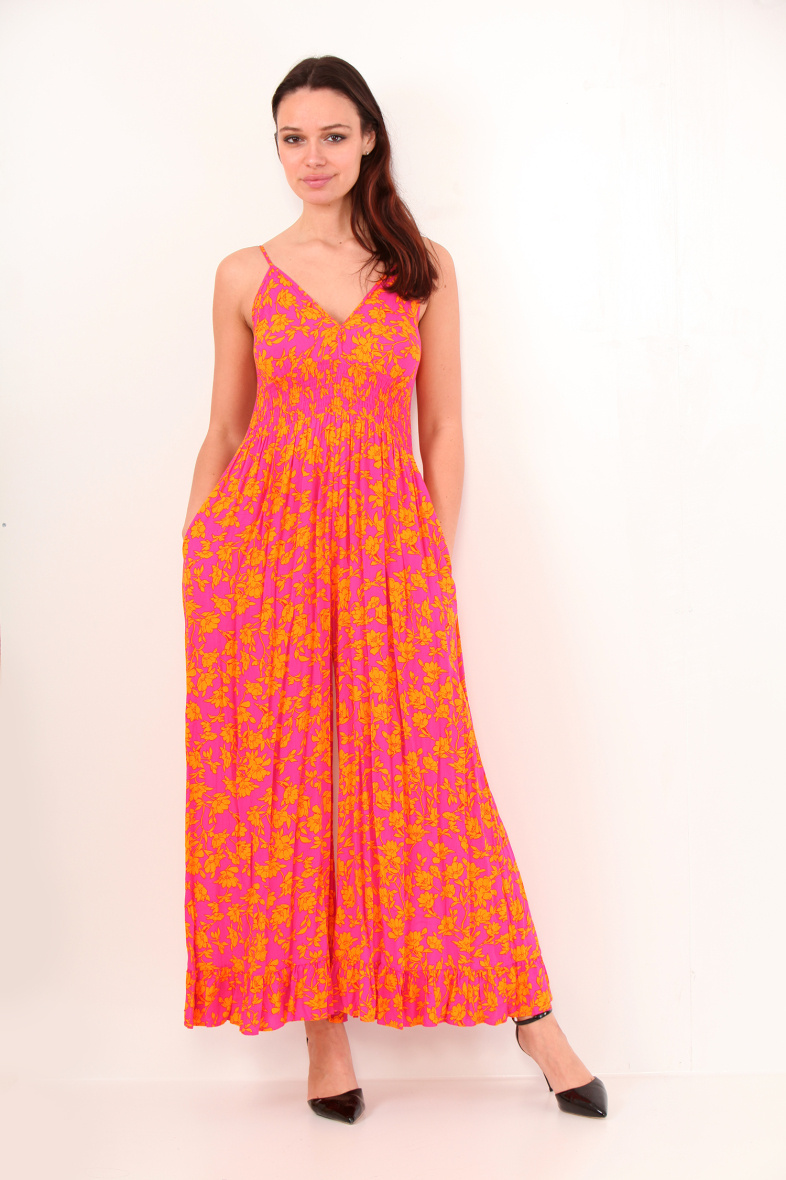 Grossiste LAST QUEEN OUTLET - Combinaison  imprimée tropical à bretelles  avec pantalons fluide