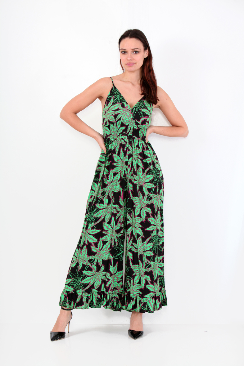 Grossiste LAST QUEEN OUTLET - Combinaison  imprimée tropical à bretelles  avec pantalons fluide