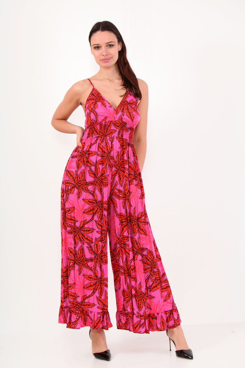 Grossiste LAST QUEEN OUTLET - Combinaison  imprimée tropical à bretelles  avec pantalons fluide
