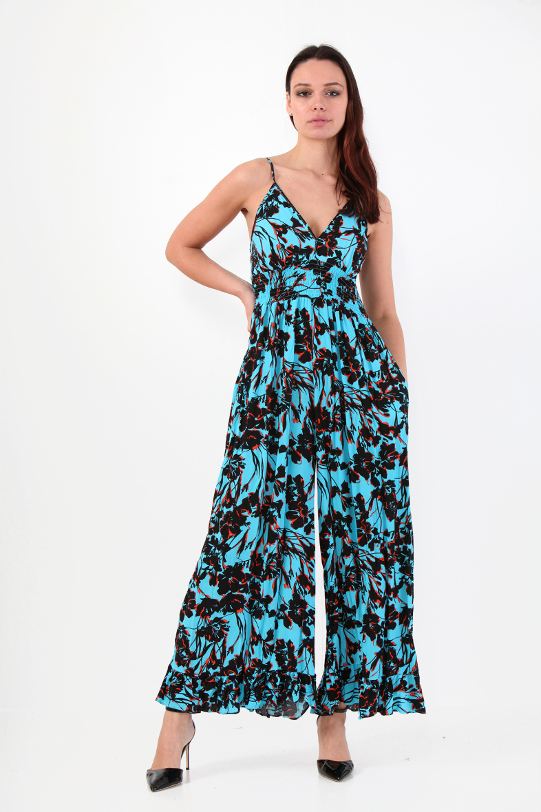 Grossiste LAST QUEEN OUTLET - Combinaison  imprimée tropical à bretelles  avec pantalons fluide