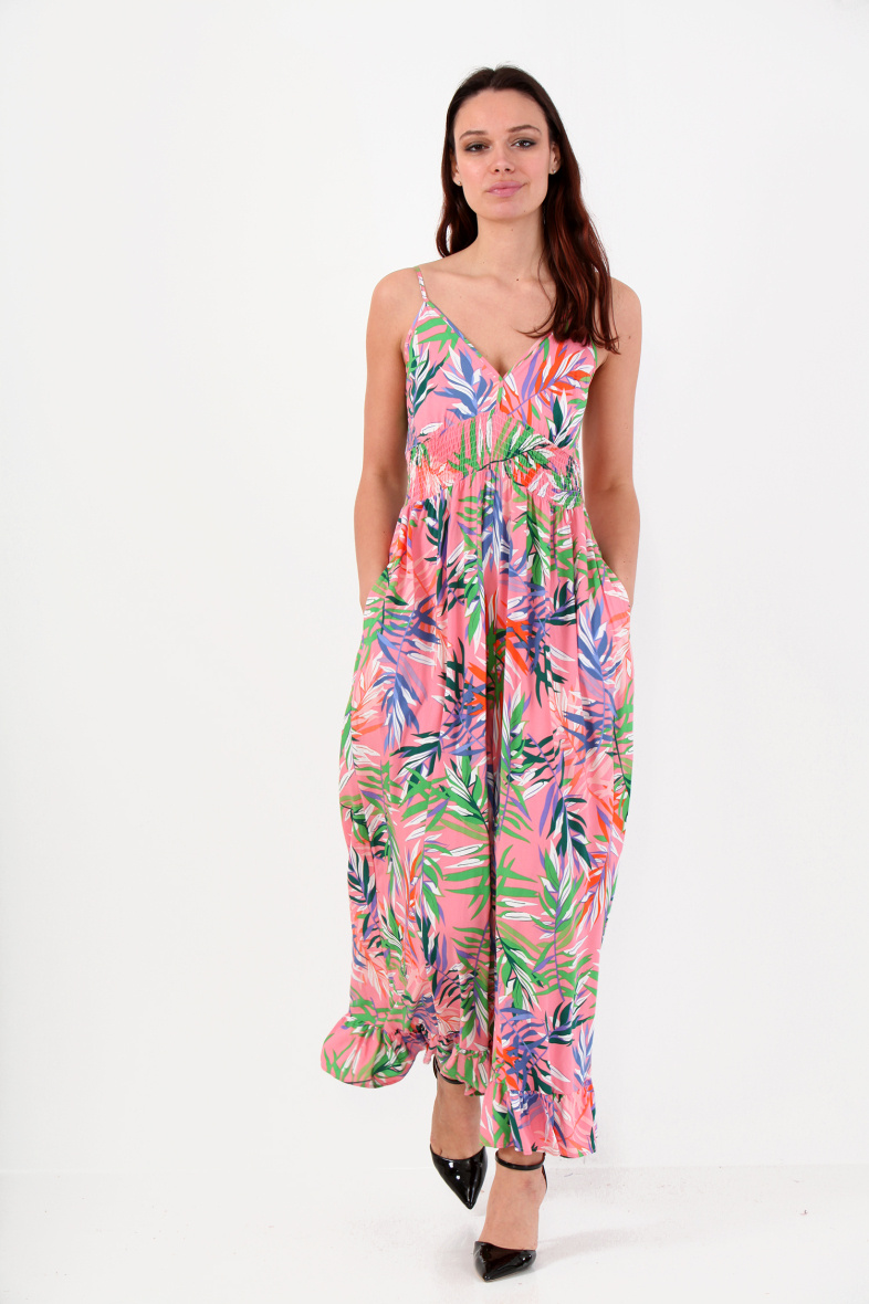 Grossiste LAST QUEEN OUTLET - Combinaison  imprimée tropical à bretelles  avec pantalons fluide