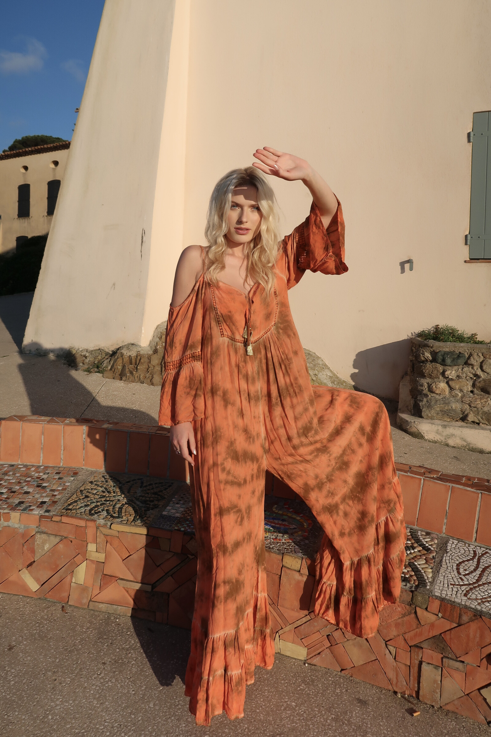 Großhändler Last Queen - Fließender Jumpsuit-Kleid im ausgewaschenen Stil, mit dünnen Trägern, ausgestellter Schnitt