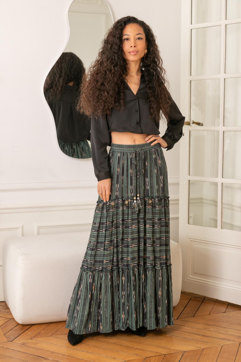Wholesaler LAST QUEEN OUTLET - Long skirt printed with LUREX, embroidered with sequins and tightening with cord