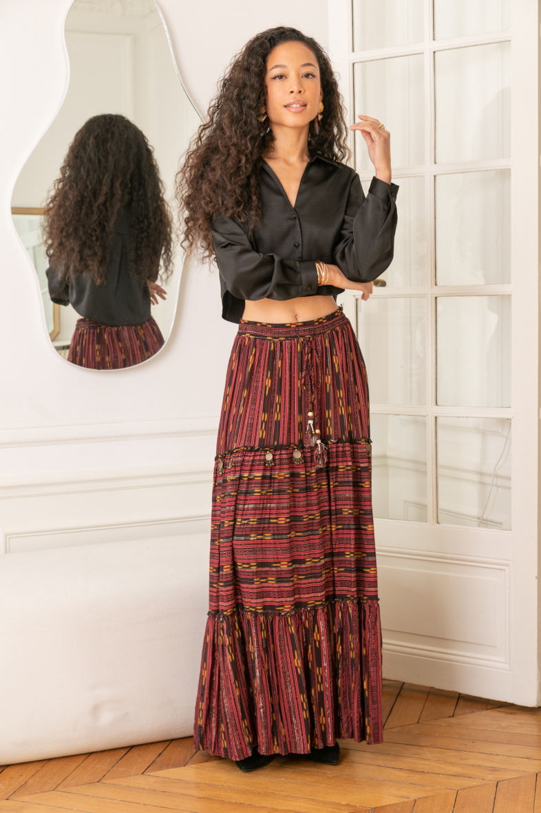 Wholesaler LAST QUEEN OUTLET - Long skirt printed with LUREX, embroidered with sequins and tightening with cord