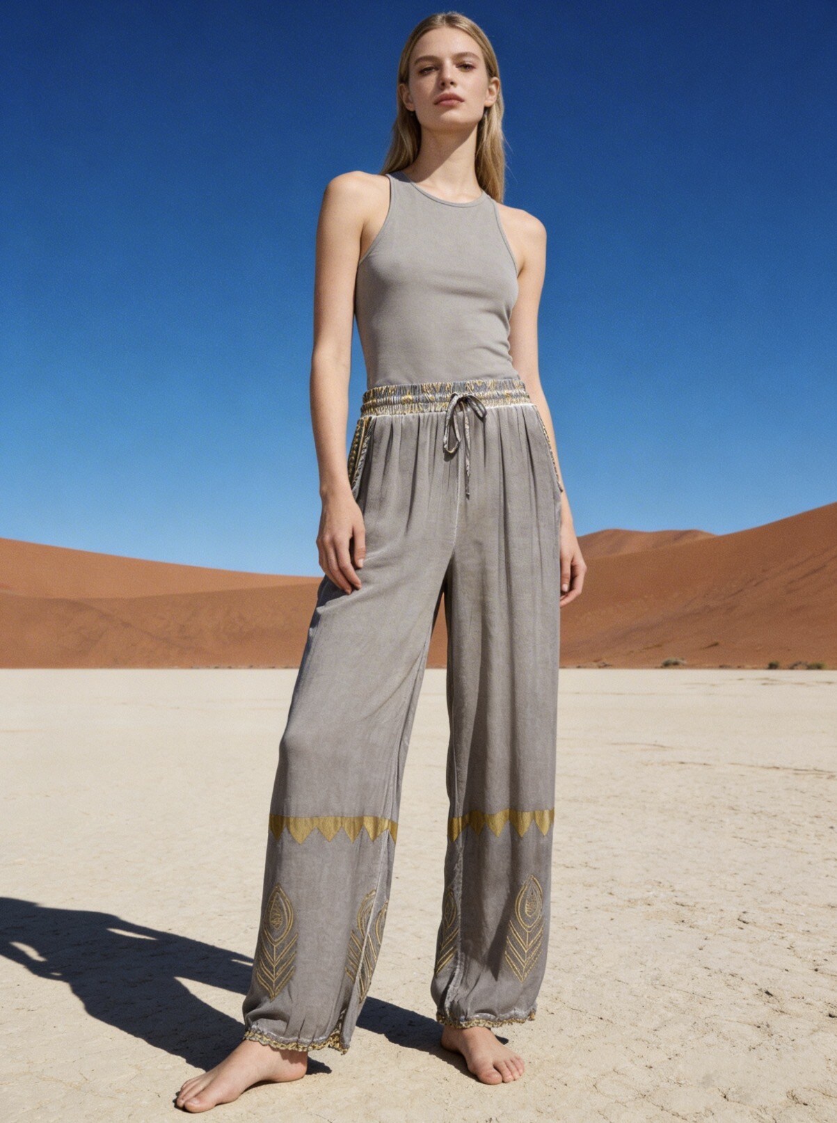 Mayorista Last Queen - Pantalón fluido con estampado étnico, estilo desteñido