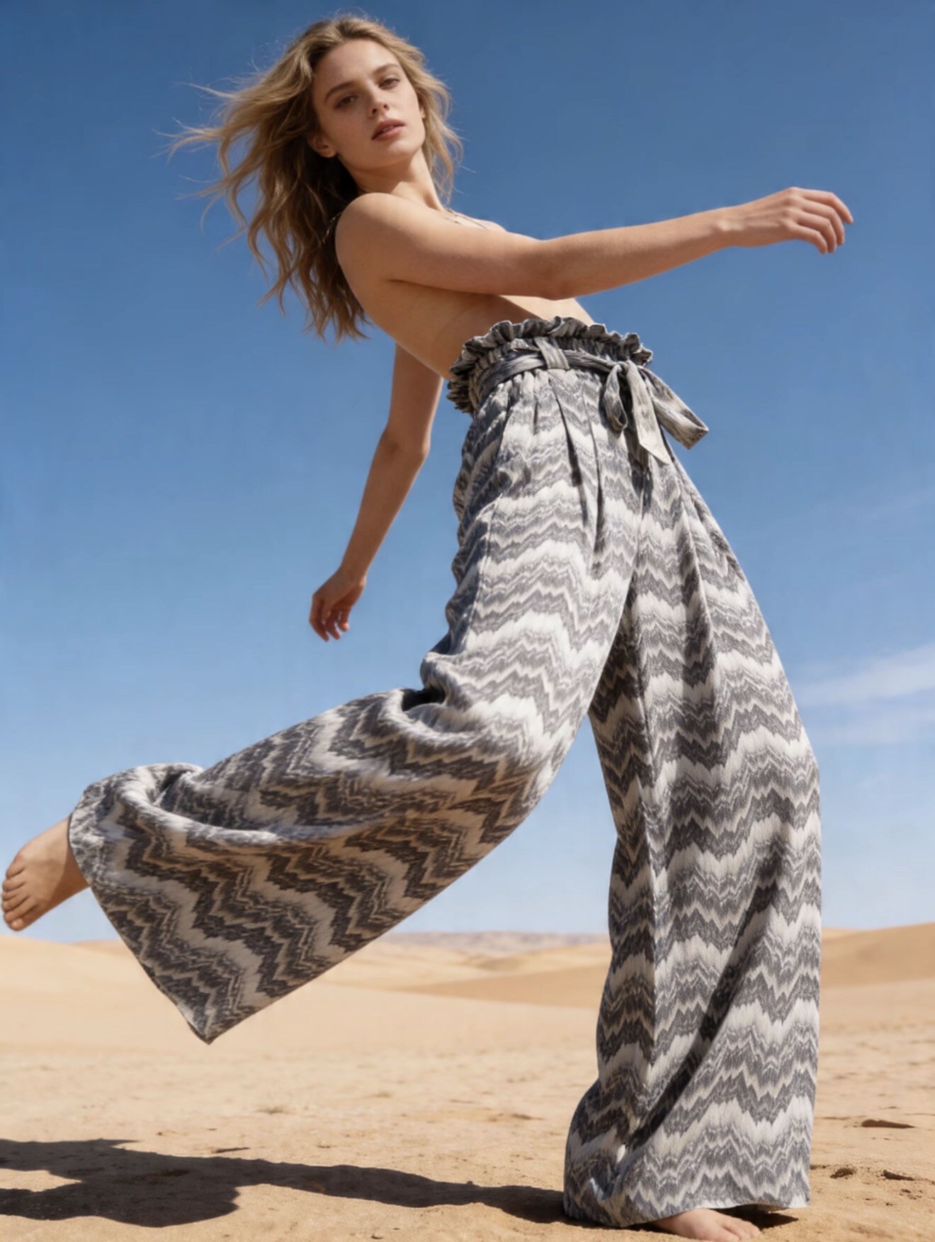 Mayorista Last Queen - Pantalón fluido estampado, estilo desgastado, Corte relajado con cinturón