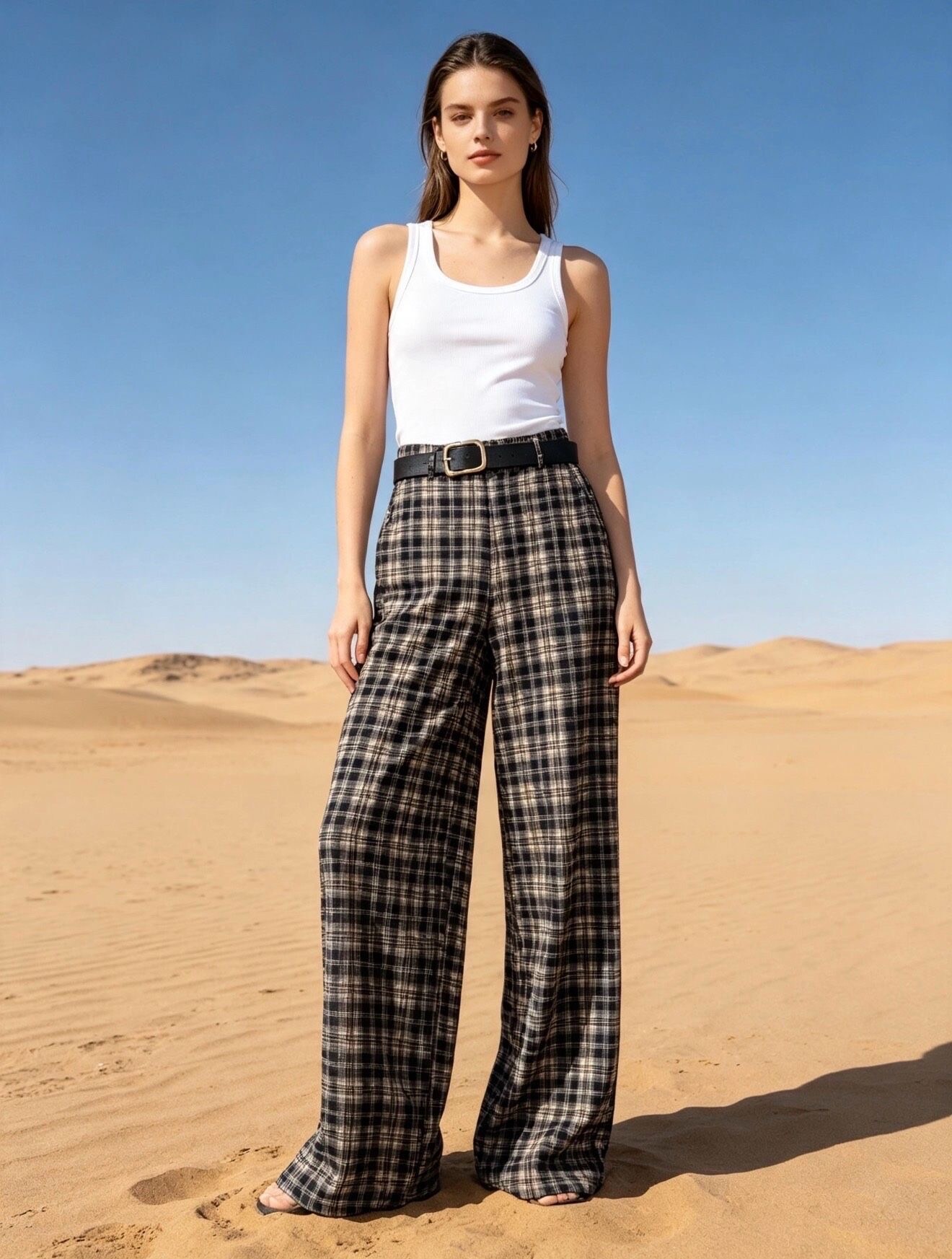 Wholesaler Last Queen - Wide Plaid Flannel Trousers, casual style with belt