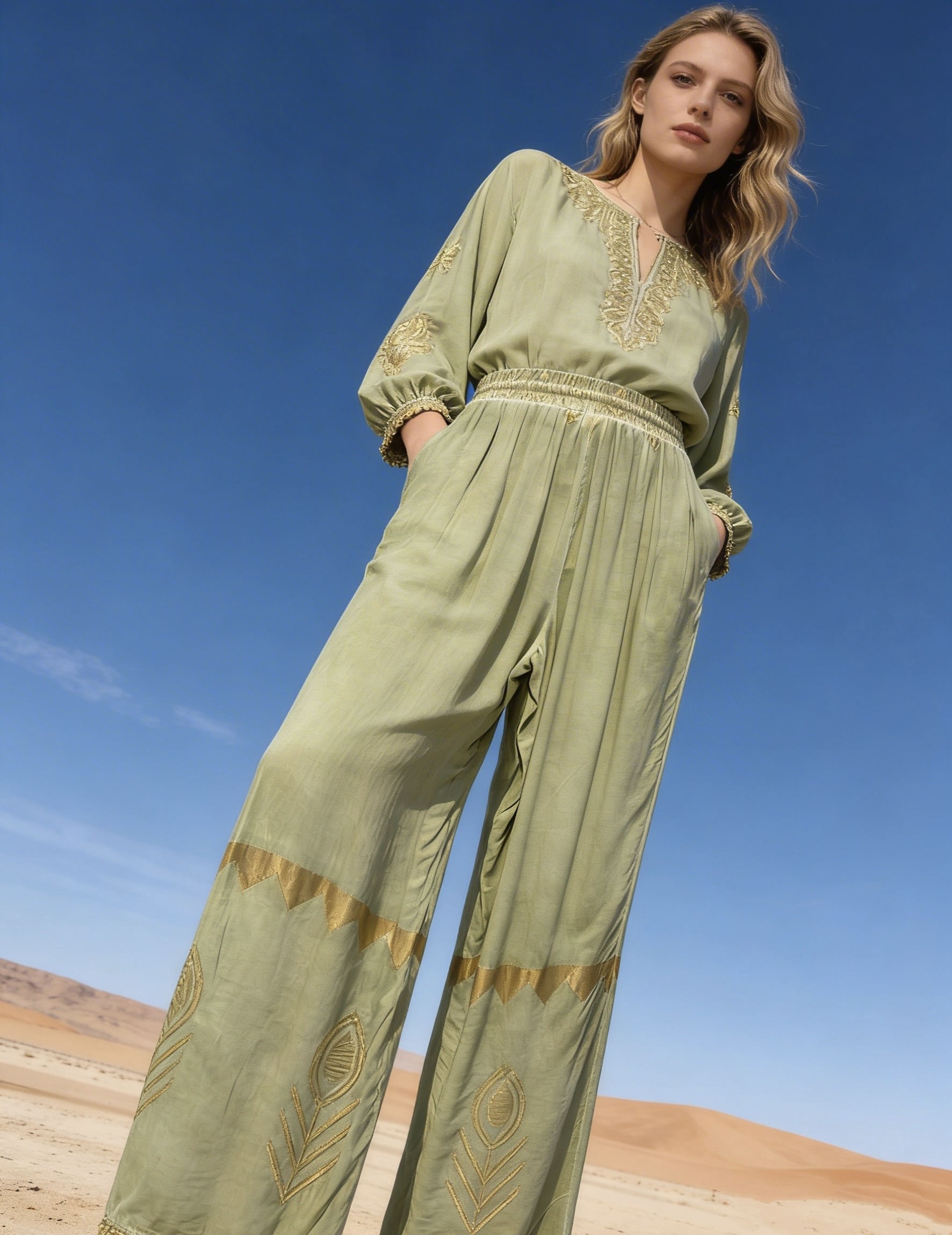 Mayorista Last Queen - Pantalón fluido con estampado étnico, estilo desgastado