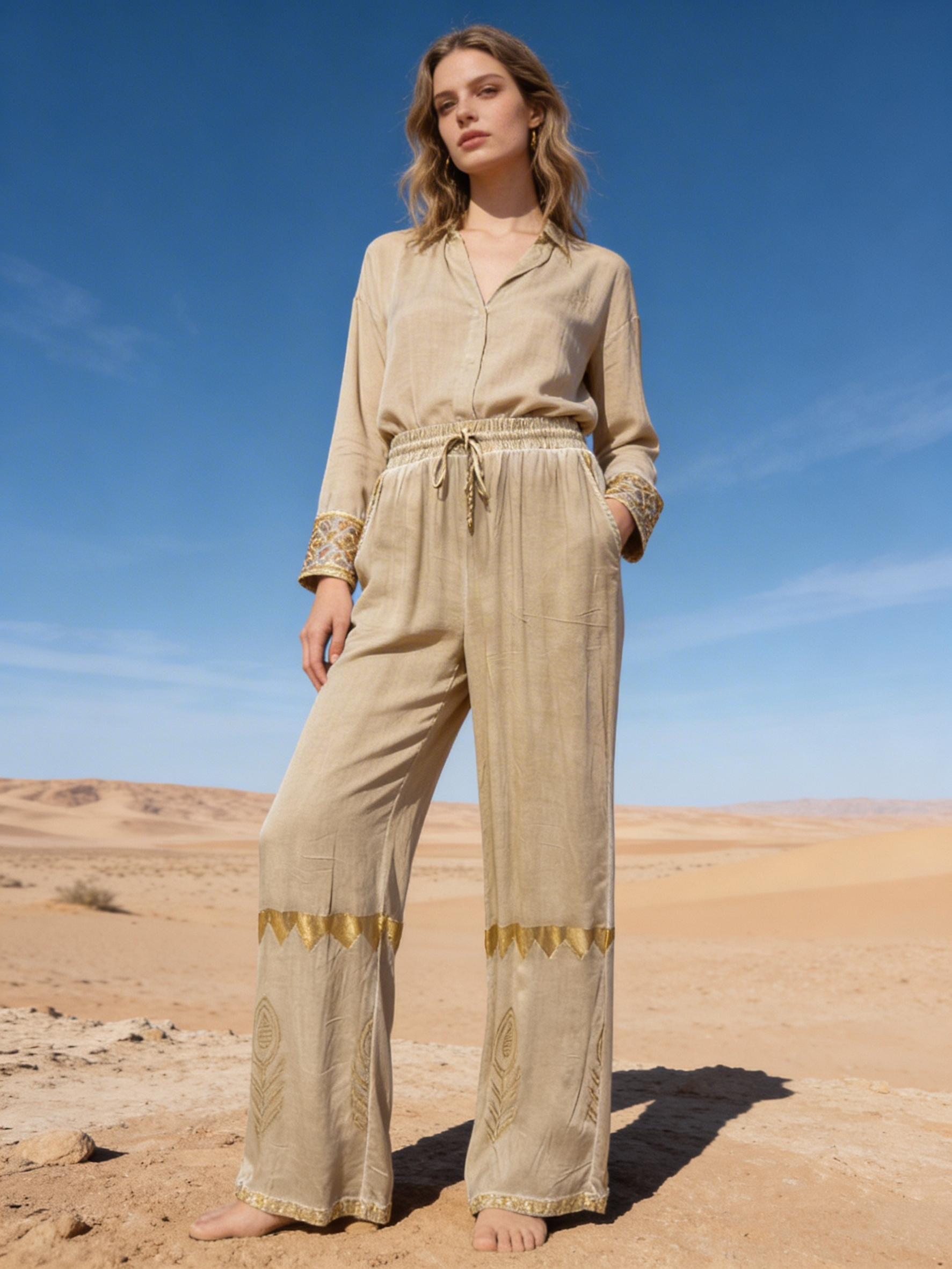 Mayorista Last Queen - Pantalón fluido con estampado étnico, estilo desteñido