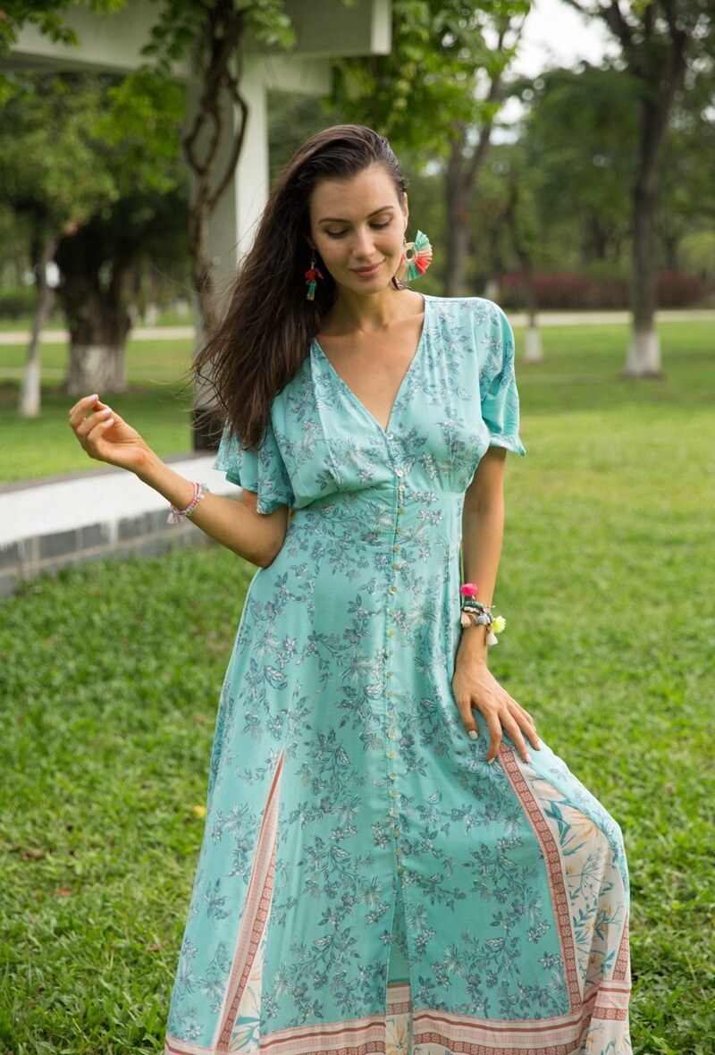 Mayorista Last Queen - Vestido largo abotonado con estampado bohemio en cintura y escote en V