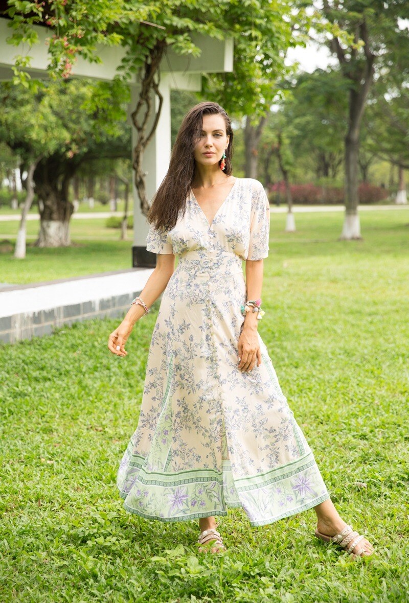 Mayorista Last Queen - Vestido largo abotonado con estampado bohemio en cintura y escote en V