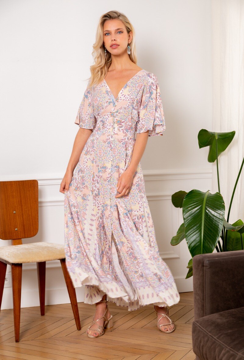 Mayorista Last Queen - Vestido largo abotonado con estampado bohemio en cintura y escote en V