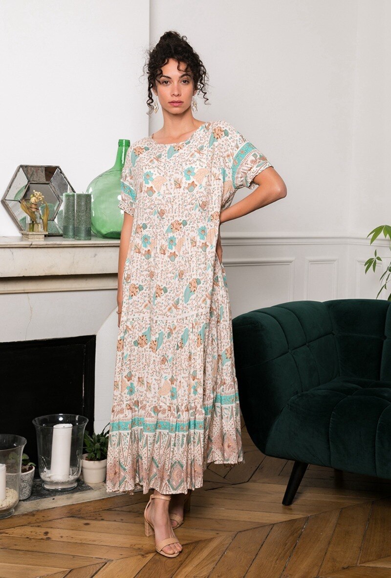 Vestido largo de cuello pico y manga corta con estampado bohemio y bolsillos invisibles - Imagen principal