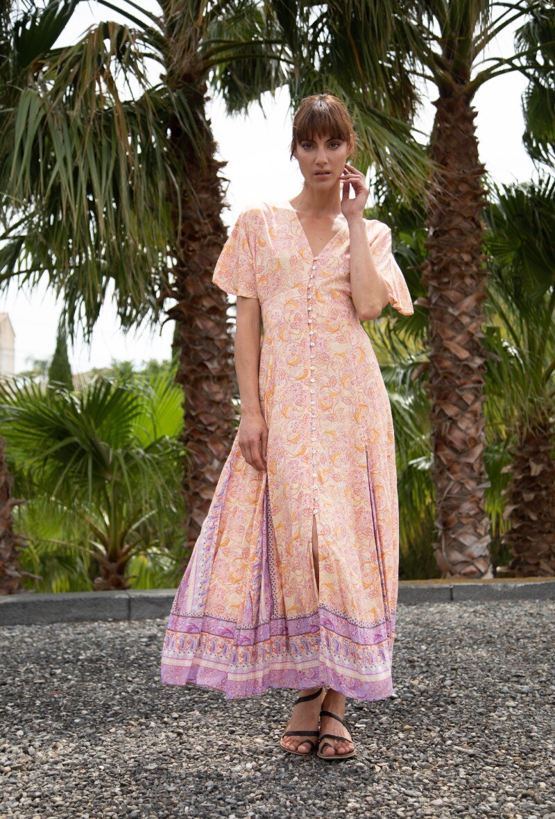 Großhändler Last Queen - Langes geknöpftes Kleid mit Bohème-Print an Taille und V-Ausschnitt